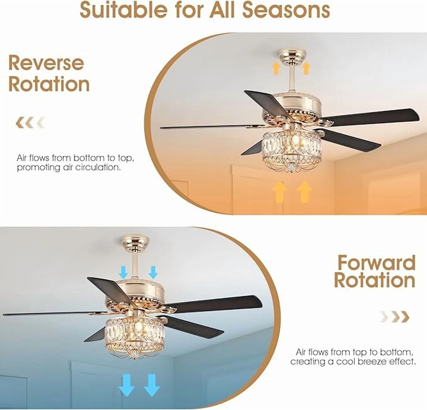 Kviflon 52" Farmhouse Ceiling Fan with Lights & Remote, Crystal Chandelier, Wood Blades, Quiet Motor, 6-Speed, Timer, Modern Lighting for Living Room, Bedroom, Dining Room, Chrome Finish - Image 25