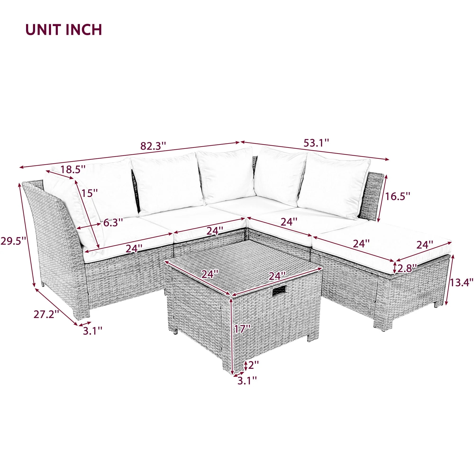Euroco 6-Piece Outdoor Sofa Set with Storage Box, PE Wicker Seating Set for 5, Beige - Image 5