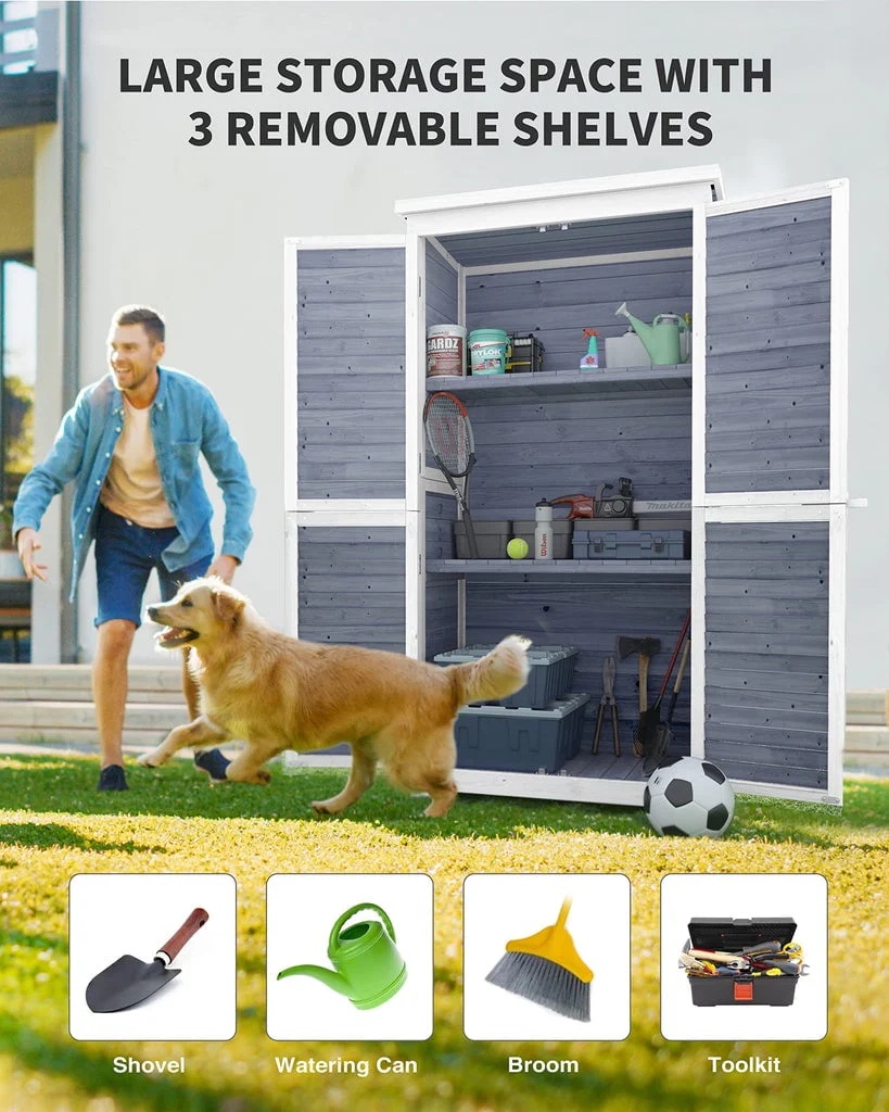 Aiho 63.2" Outdoor Storage Cabinet with Double Lockable Doors and 3 Removable Shelves - Gray - Image 3