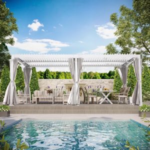 GAZEBETER 10' x 20' Louvered Pergola, Outdoor Aluminium Pergola with Adjustable Roof, Curtains and Netting, Hardtop Gazebo for Patio, Deck, Garden, Yard, Beach, White