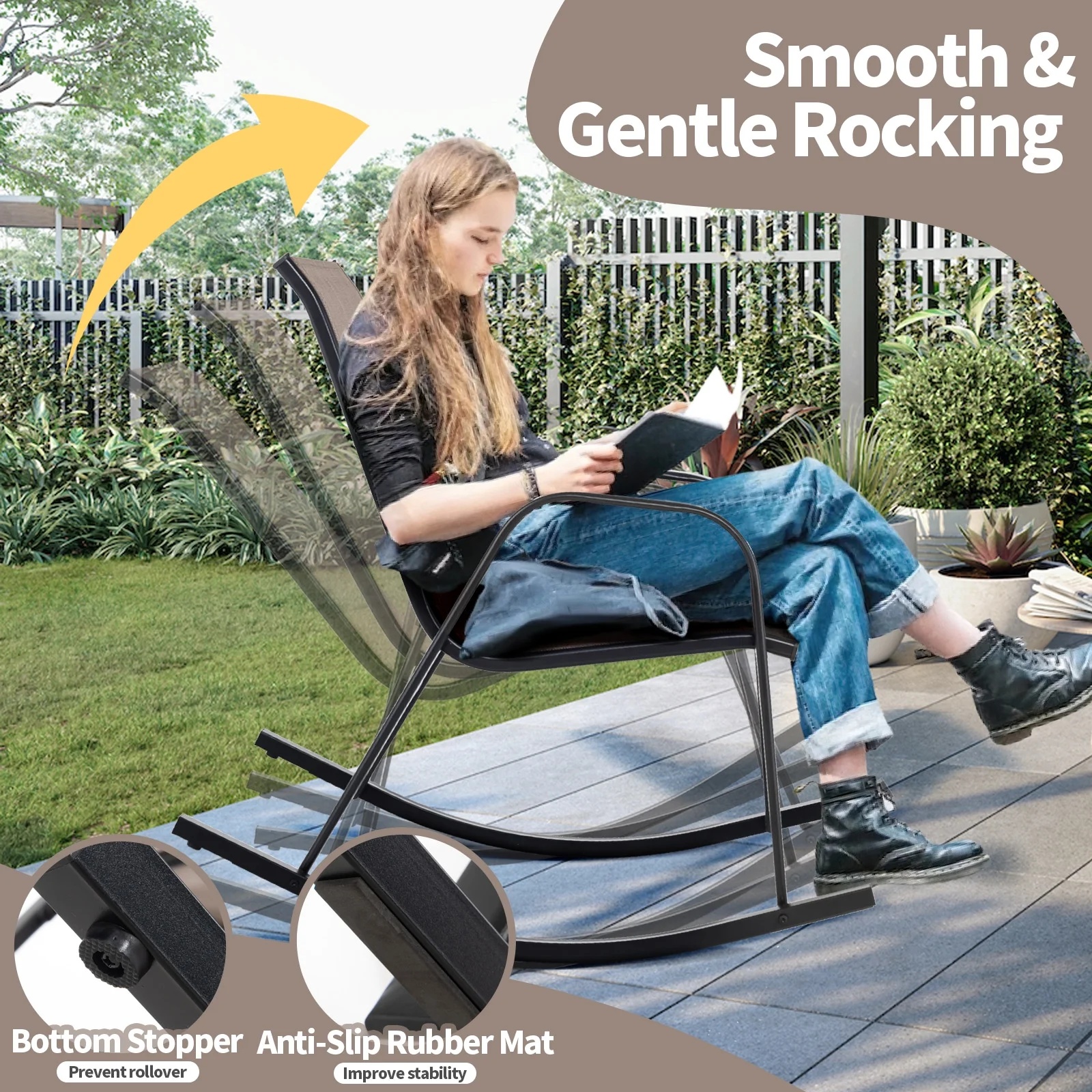 Costway 2 PCS Patio Rocking Chair Heavy-Duty Metal Rocker Outdoor Anti-Slip Brown - Image 7