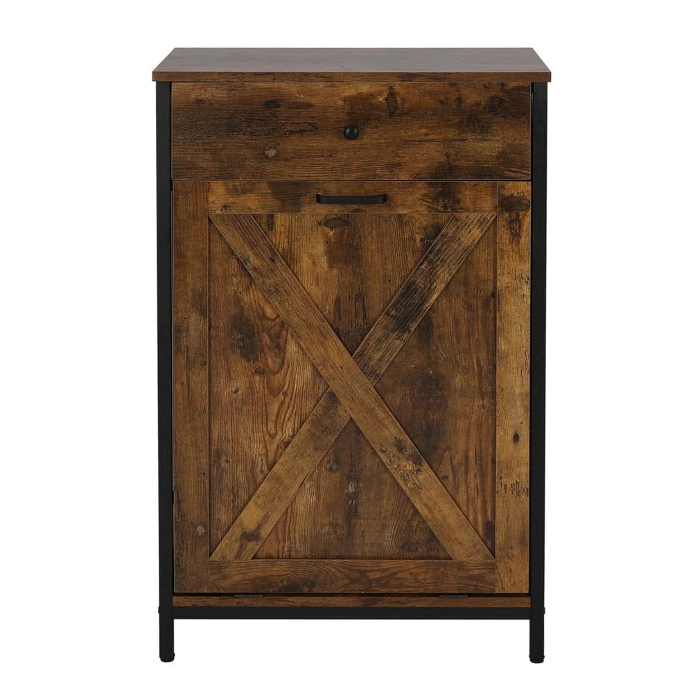 Eclife 10 Gallons Tilt Out Trash Cabinet Freestanding Floor Rustic Solid Wood Barn Door and Storage Drawer Kitchen Island - Image 4