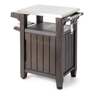 Keter Unity 40 Gal Patio Storage Grilling Bar Cart w/Stainless Top, Brown