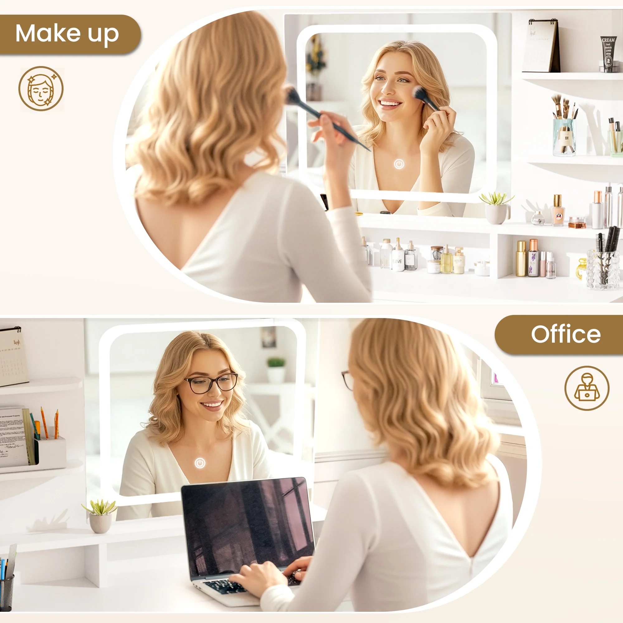 LIVELYGLOW Vanity Desk with Mirror and Lights, Makeup Vanity with Drawer & Storage Shelves, Cabinet, 3 Lighting Modes Adjustable Brightness,White - Image 38