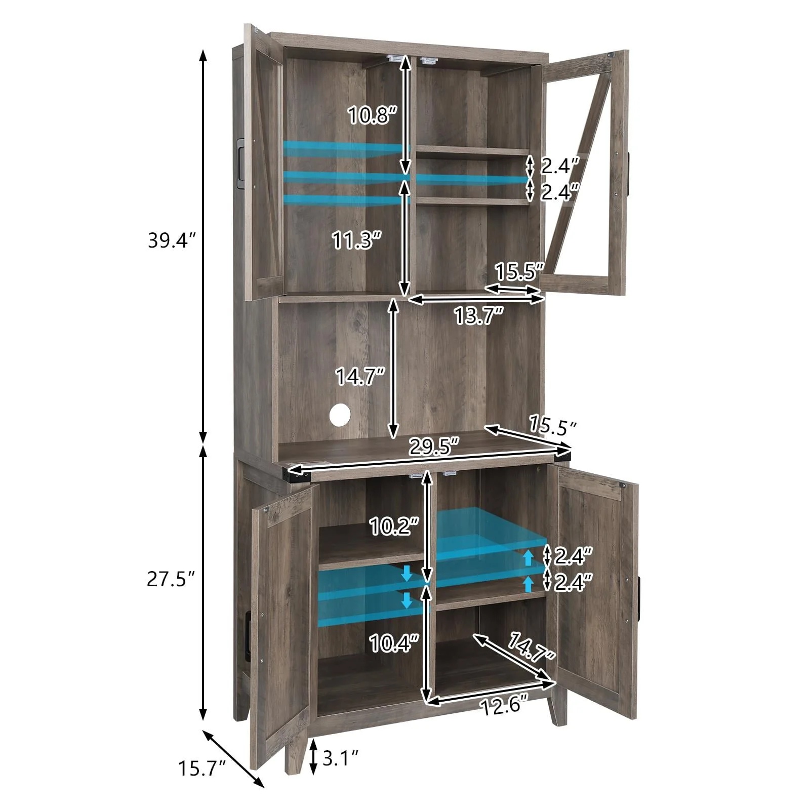 UBesGoo Freestanding Rustic Kitchen Buffet with Hutch, Pantry Storage Cabinet with Adjustable Shelf Grey Oak - Image 3