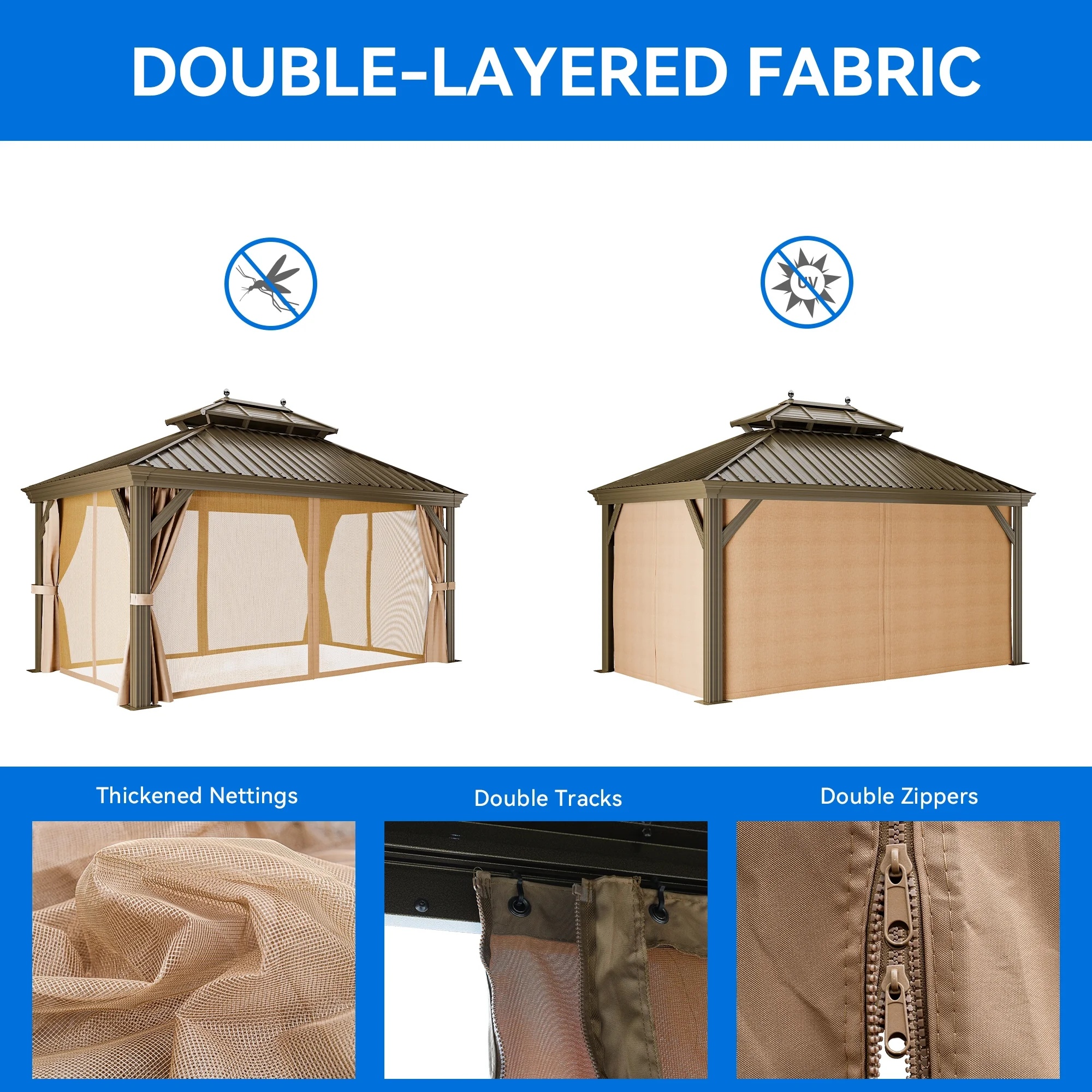 Dextrus 10x12ft Double Roof Hardtop Gazebo with Netting&Curtains, Double Galvanized Iron Aluminum Frame Outdoor White Gazebo,Ideal for Patio, Backyard,Deck and Lawns,Grey Curtain - Image 16