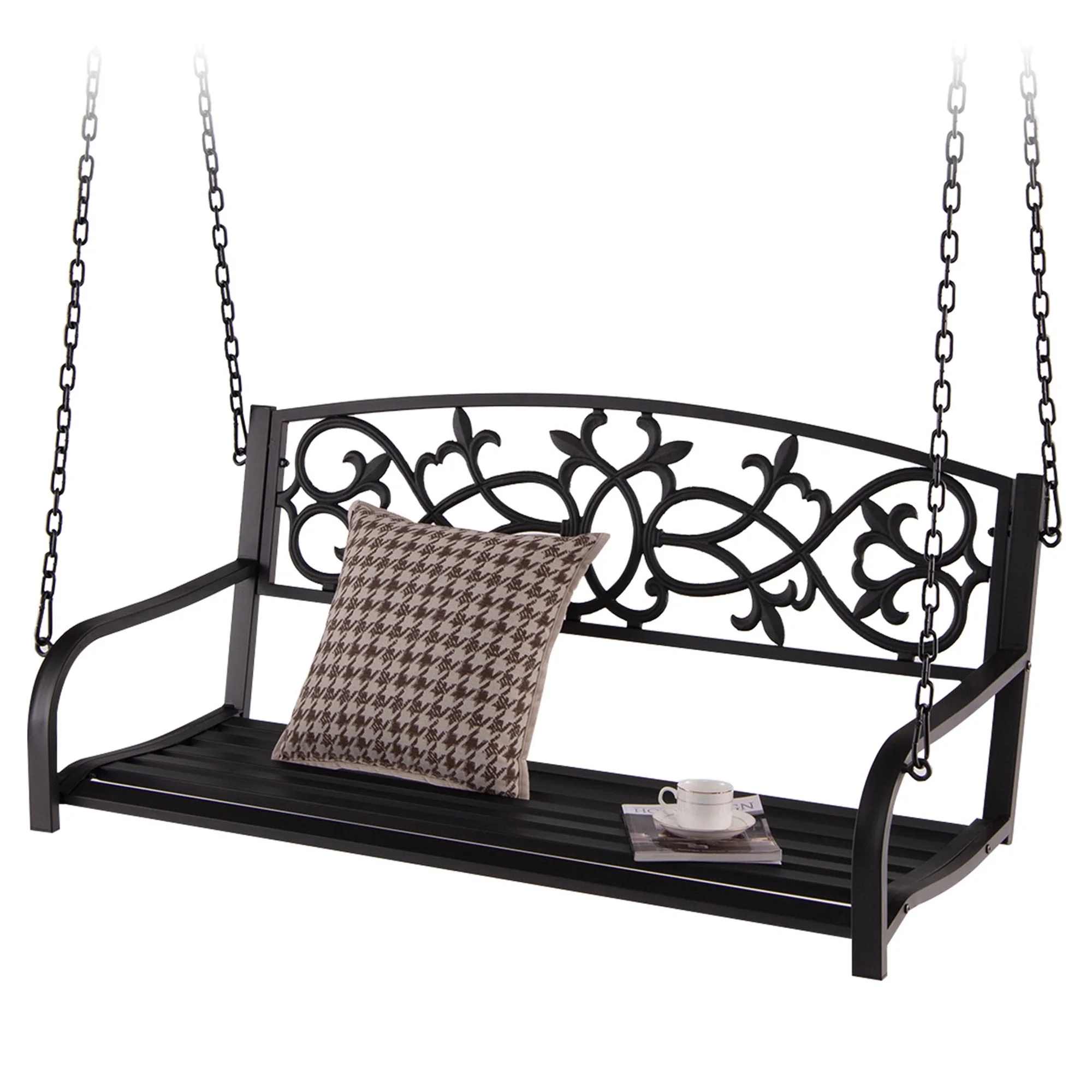 Gymax Patio Hanging Porch Swing 2-Person Outdoor Metal Swing Bench Chair w/ Chains Brown - Image 2