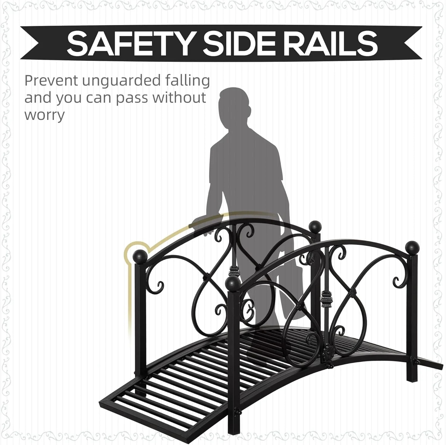 XgoodX 3.3FT Metal Garden Bridge with Decorative Scrollwork, Arched Footbridge with Safety Side Rails for Pond, Stream, Yard, Zen Garden, Outdoor Landscape D-cor-Black - Image 5