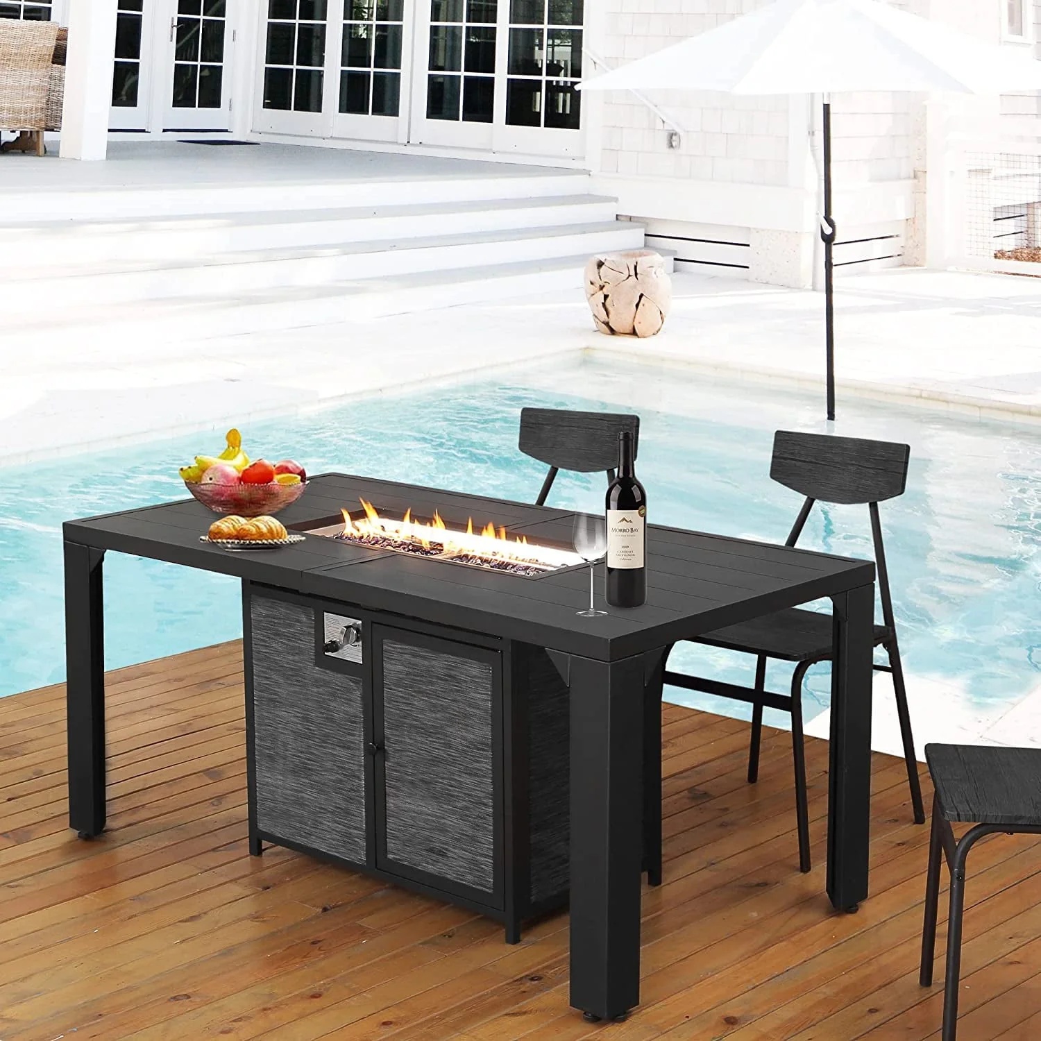 PIZZELLO Outdoor Rectangular Patio Fire Dining Table 62.5" for 6 with Fire Glass Bead, Black - Image 6