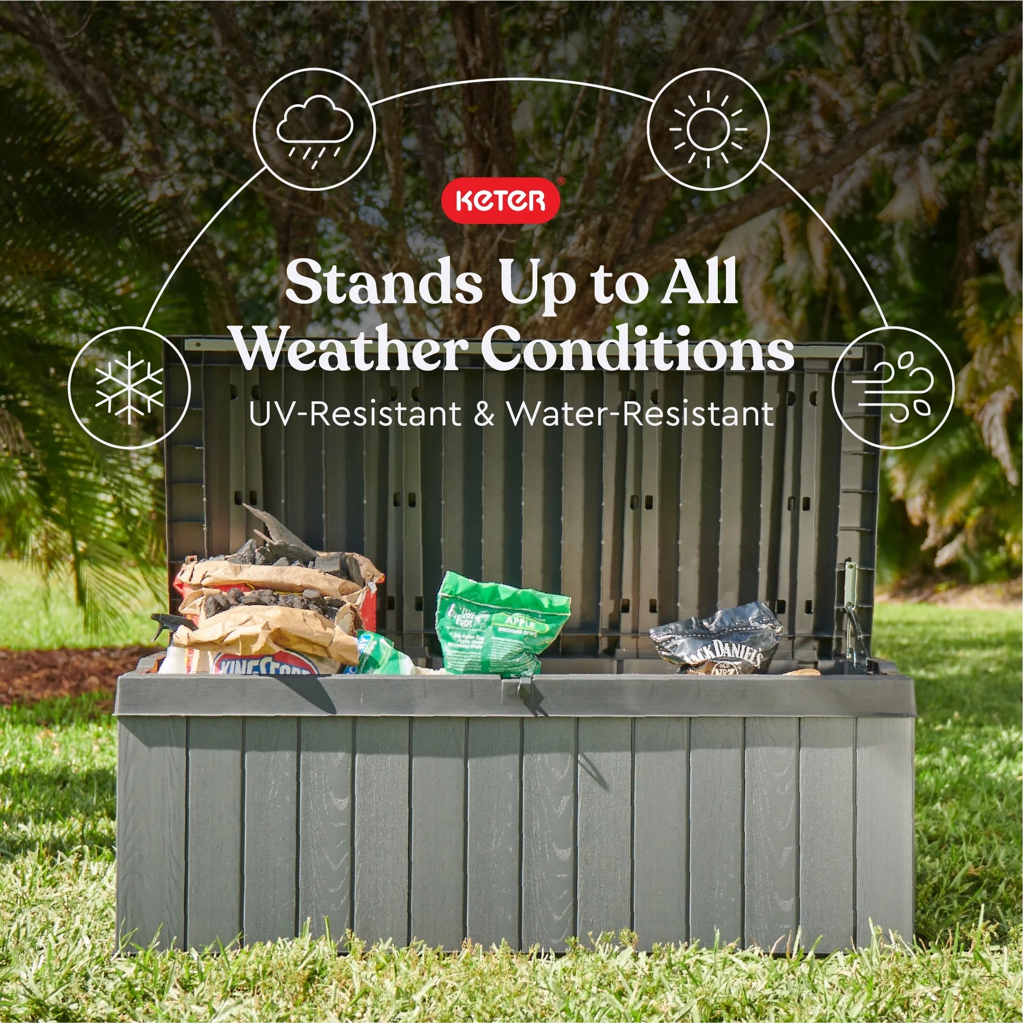 Keter Darwin 100 Gallon Large Resin Deck Box for Patio Outdoor Storage, Grey - Image 8