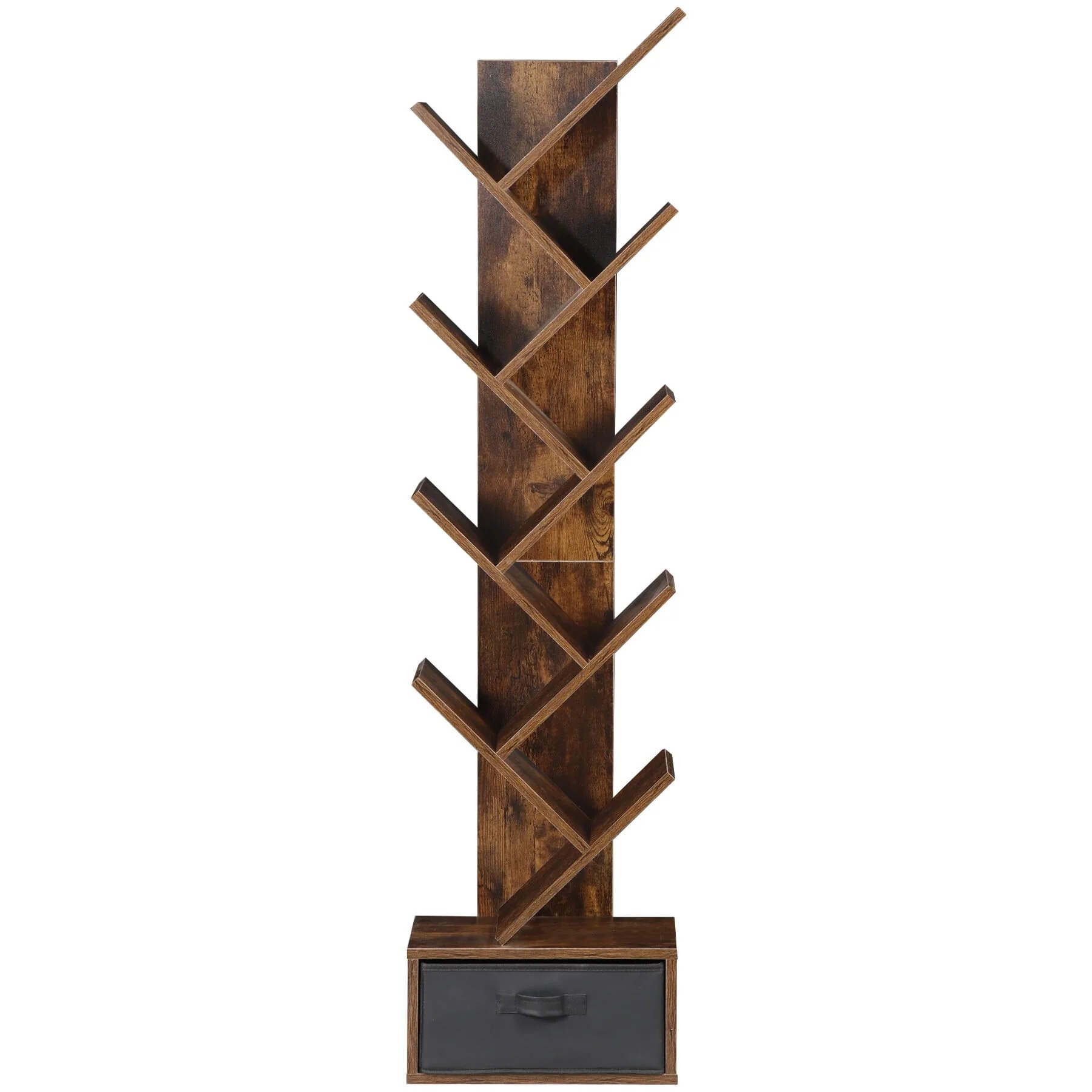 HomGarden 9 Tier Tree Bookshelf Modern Storage Rack Floor Bookcase W/Drawer, Rustic Brown - Image 2