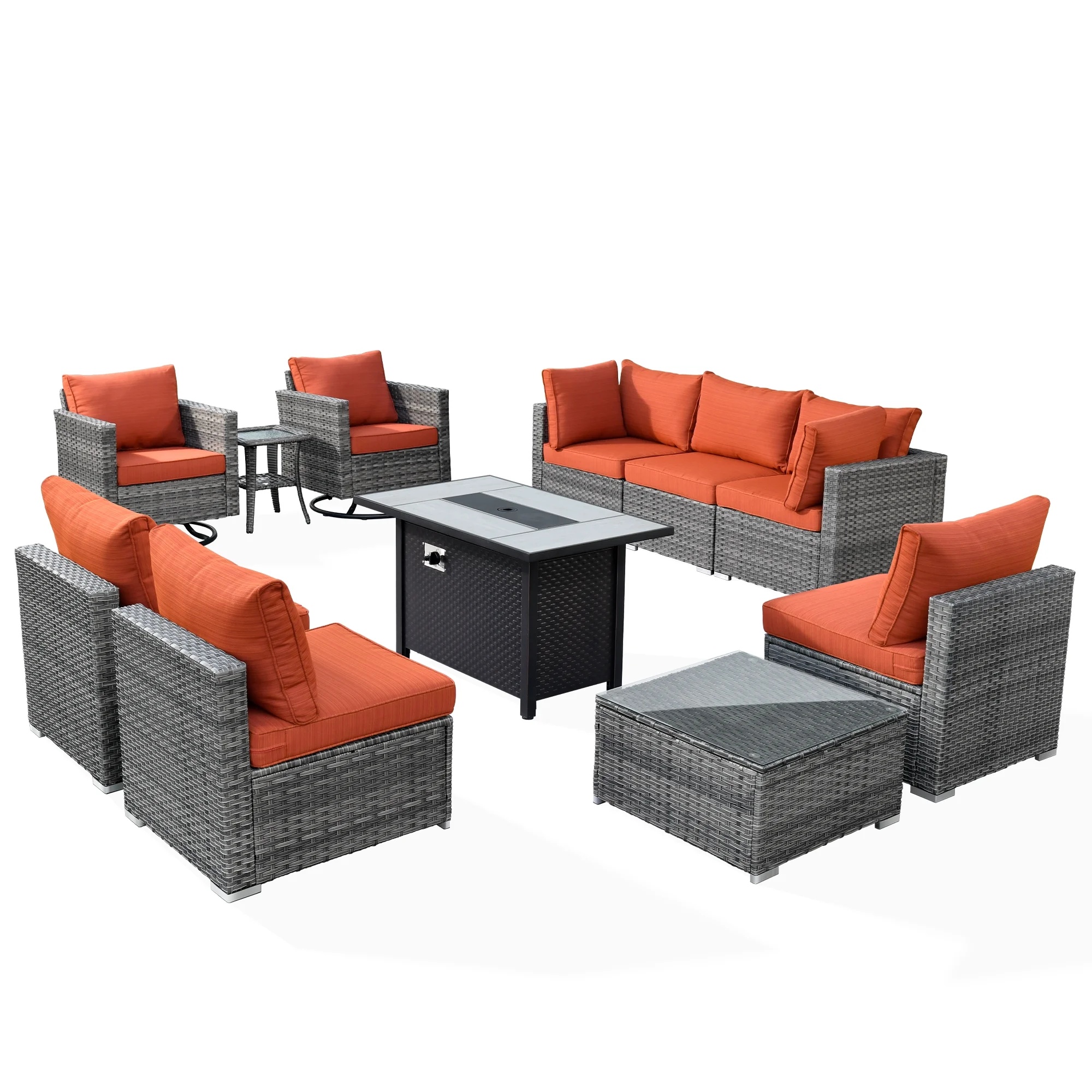 Ovios 11 Pieces Patio Fire Pit Set Outdoor Wicker Sectional Sofa Conversation Set with Swivel Rocking Chairs and Side Table,Dark Gray - Image 13