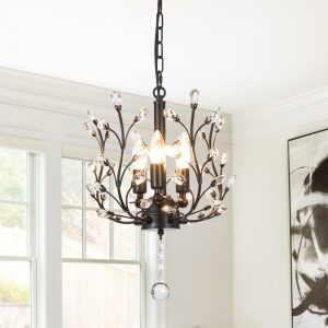 FINE MAKER 18-inch branch flower-shaped crystal chandelier, 3-head living room chandelier, bedroom study lighting fixture (black)