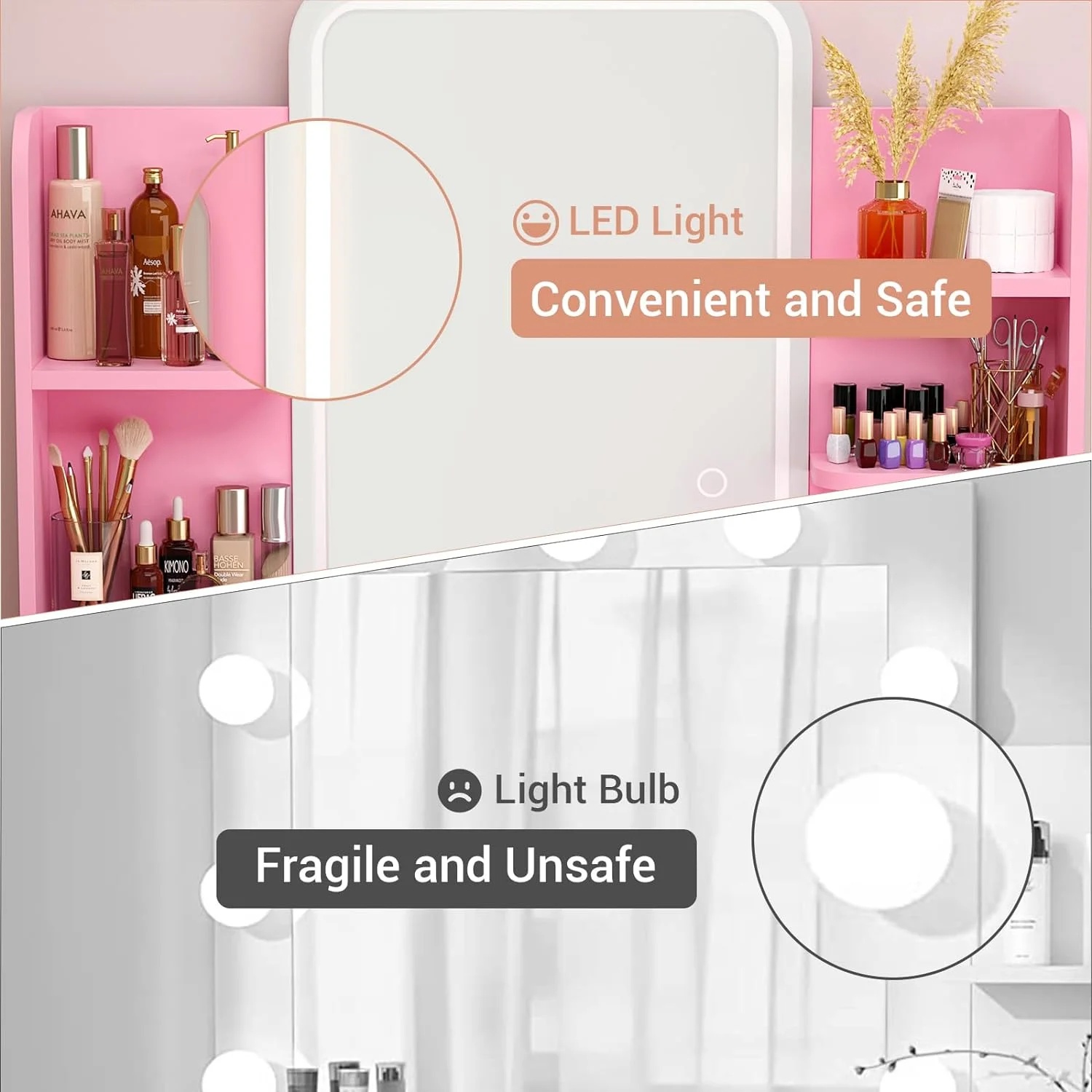 iSunirm Vanity Desk with Mirror and Lights, Makeup Vanity with 2 Drawers, Vanity Table Set with 3 Color Adjustable Lighting Options, Modern Dressing Table with Shelf, for Bedroom, Pink - Image 8