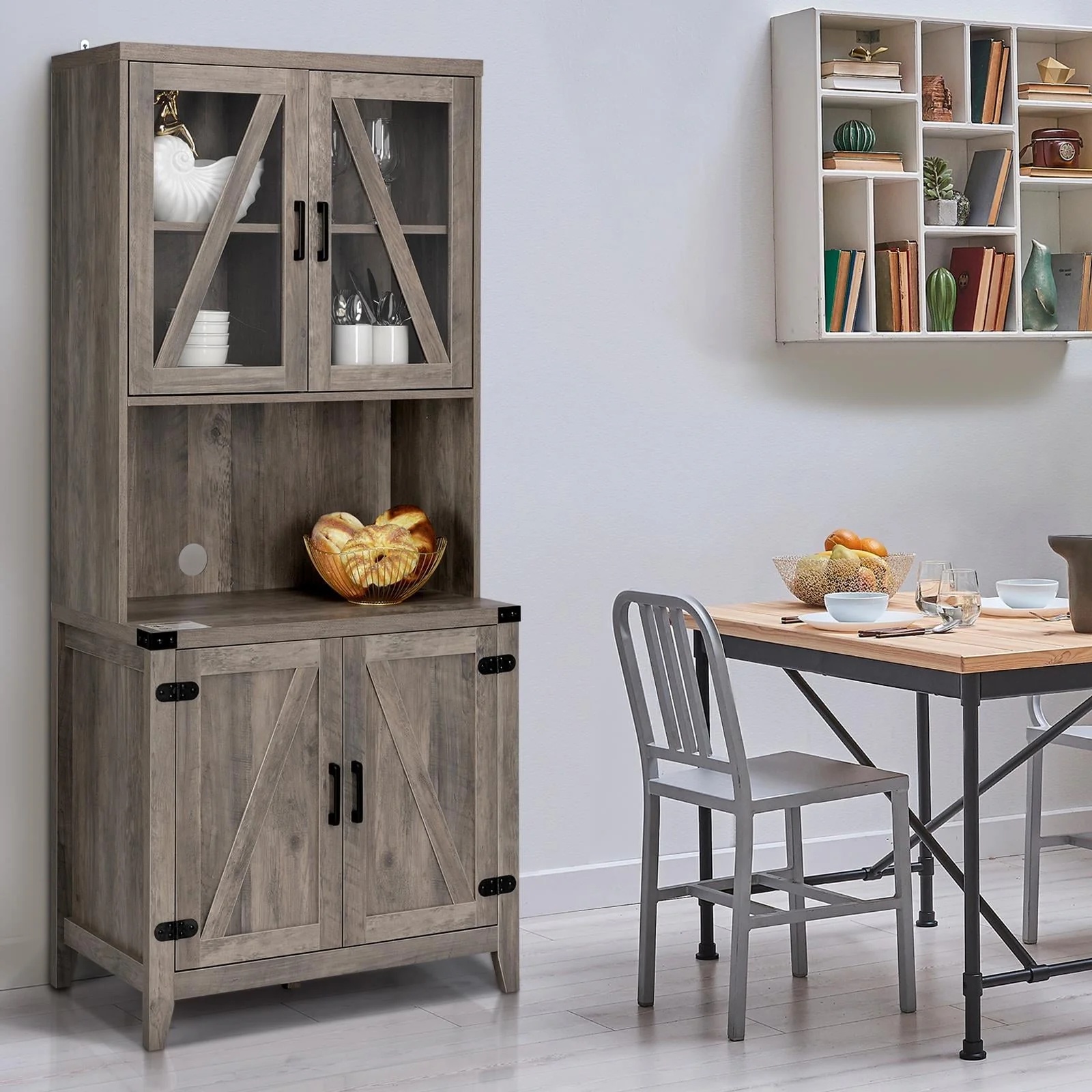 UBesGoo Freestanding Rustic Kitchen Buffet with Hutch, Pantry Storage Cabinet with Adjustable Shelf Grey Oak