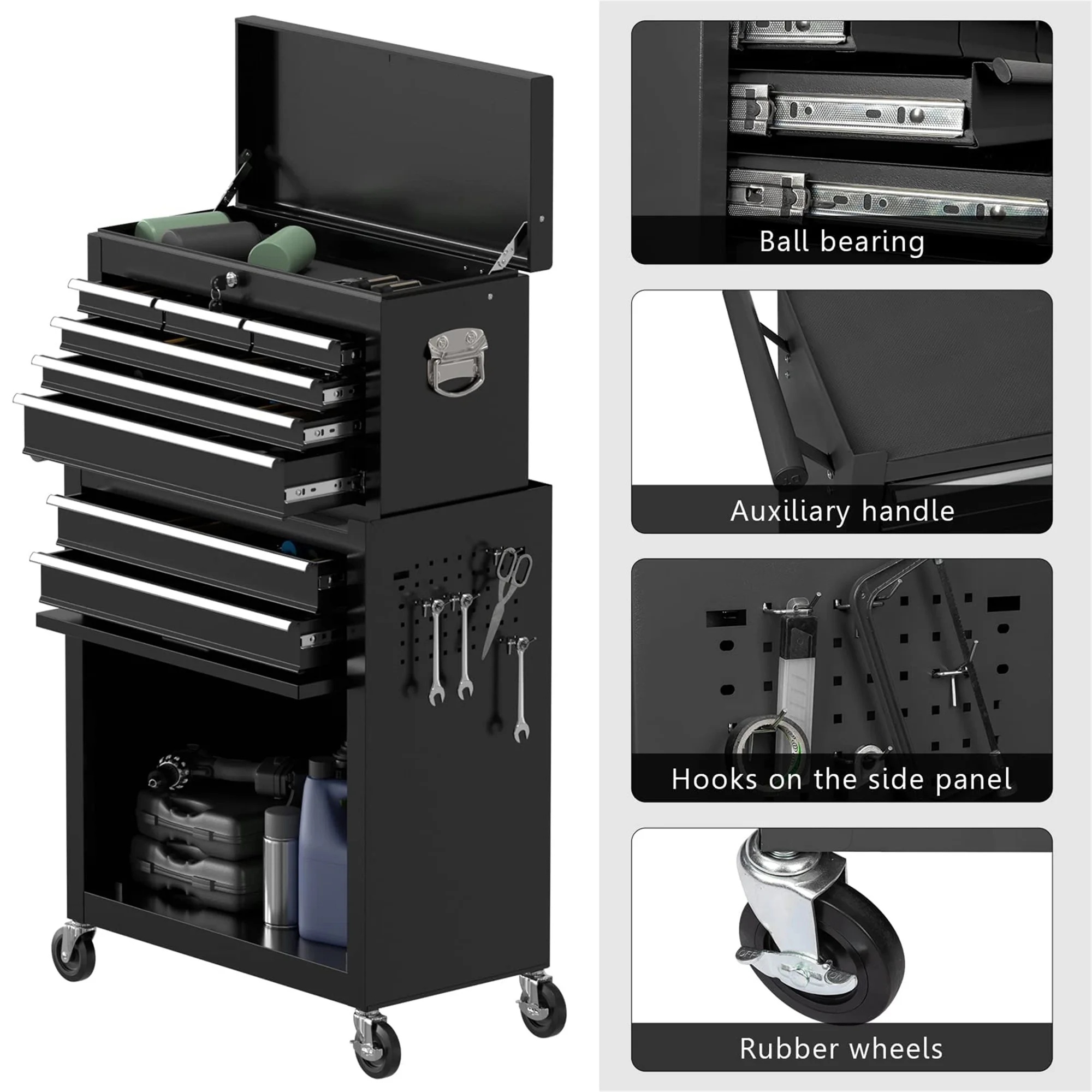 Aukfa Tool Box, 2 in 1 Steel Rolling Tool Chest & Cabinet on Wheels for Garage, 8-Drawers, Black - Image 6