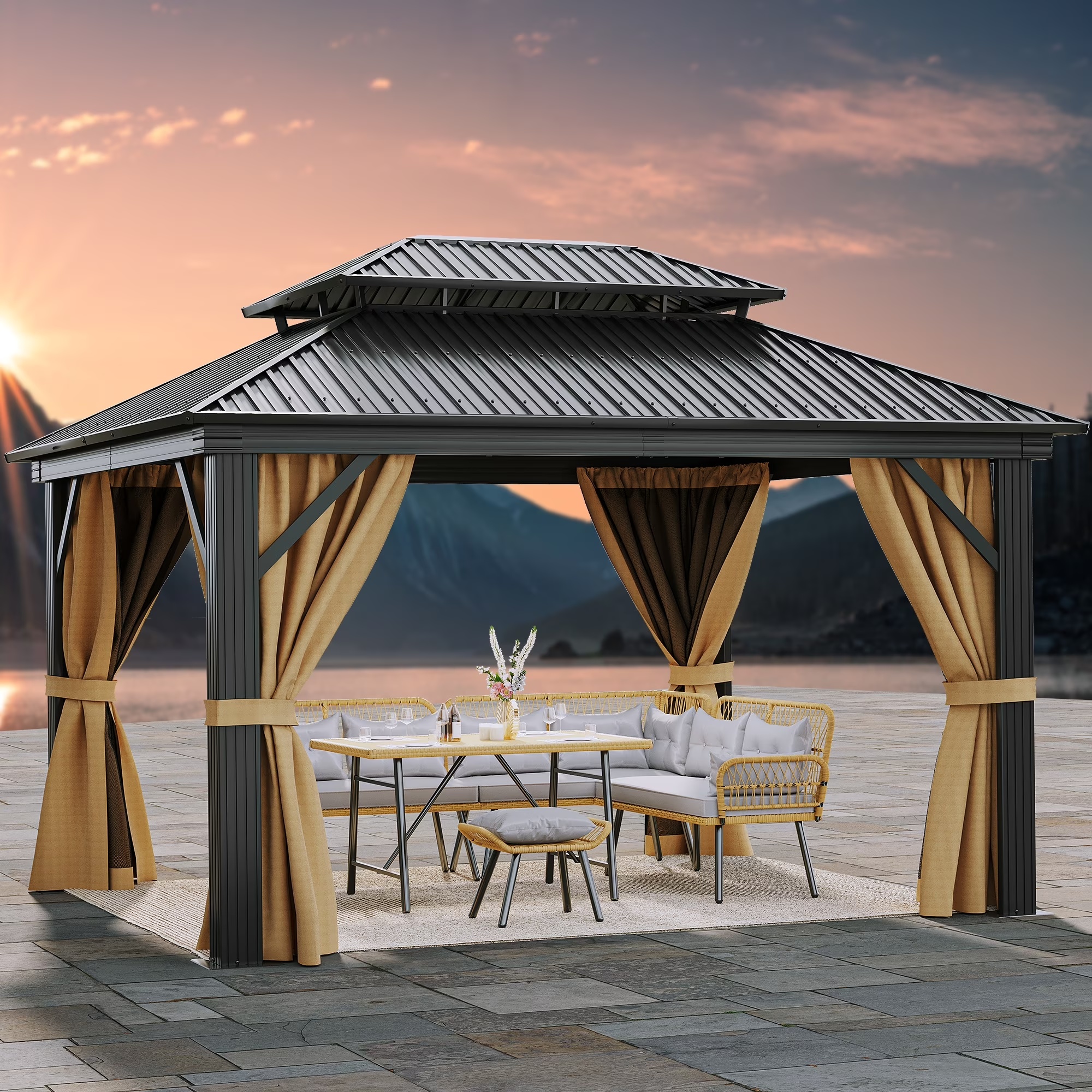 Dextrus 10x12ft Double Roof Hardtop Gazebo with Netting&Curtains, Double Galvanized Iron Aluminum Frame Outdoor White Gazebo,Ideal for Patio, Backyard,Deck and Lawns,Grey Curtain - Image 7