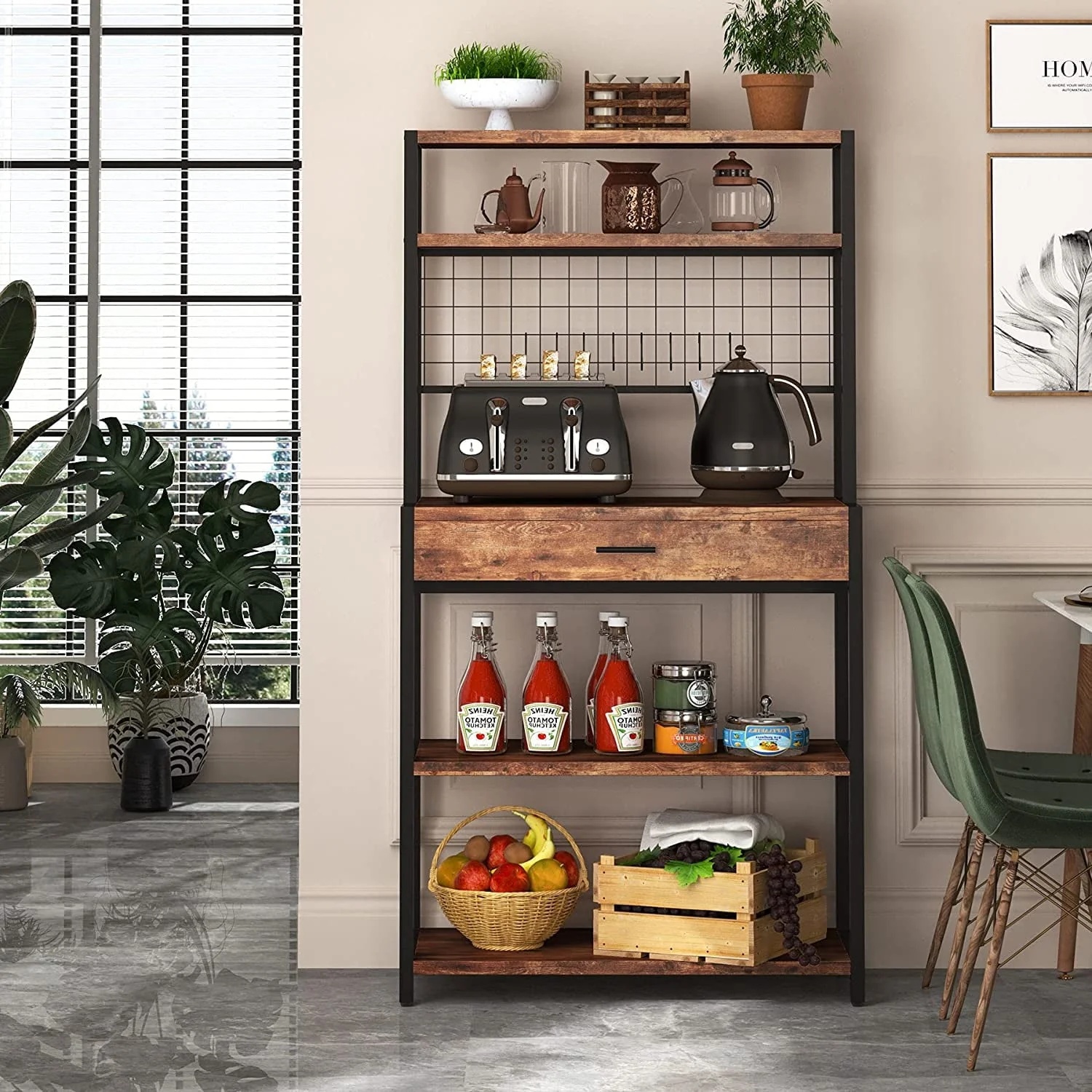 Tribesigns Kitchen Bakers Rack with Hutch, 5-Tier Kitchen Utility Storage Shelf with Hutch and 8 S-Hooks, Vintage Brown - Image 4