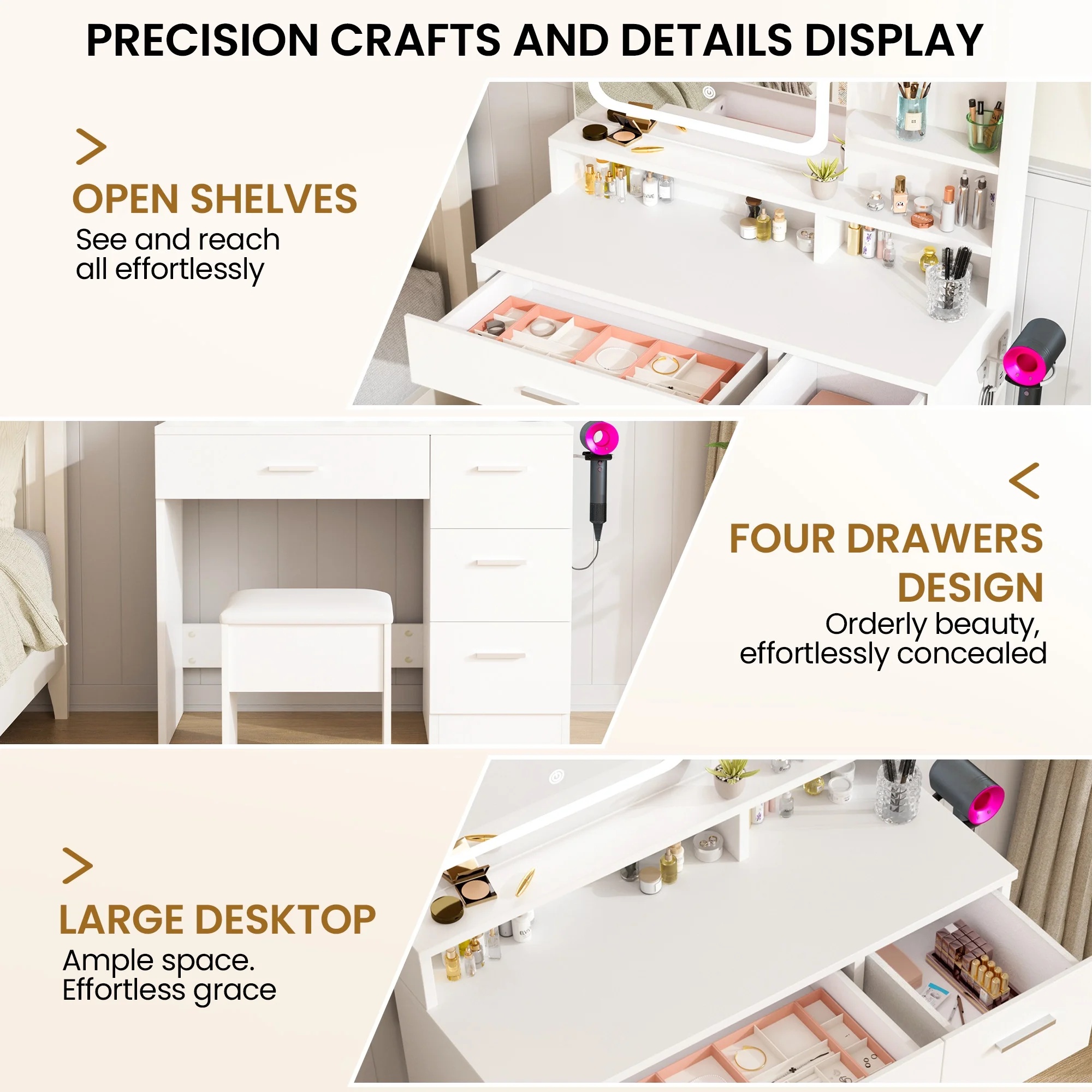 LIVELYGLOW Vanity Desk with Mirror and Lights, Makeup Vanity with Drawer & Storage Shelves, Cabinet, 3 Lighting Modes Adjustable Brightness,White - Image 37