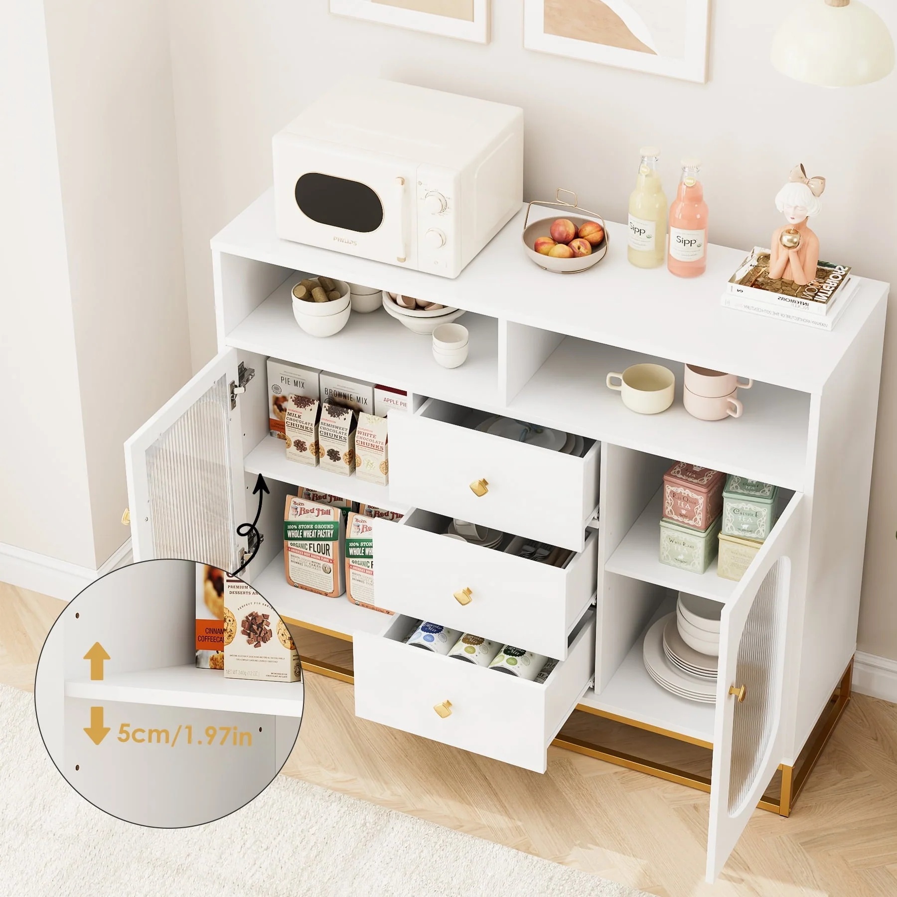 Homfa 47.2'' Sideboard Storage Cabinet, 3 Drawers Buffet Cabinet with Glass Doors for Kitchen Dining Room, White - Image 5