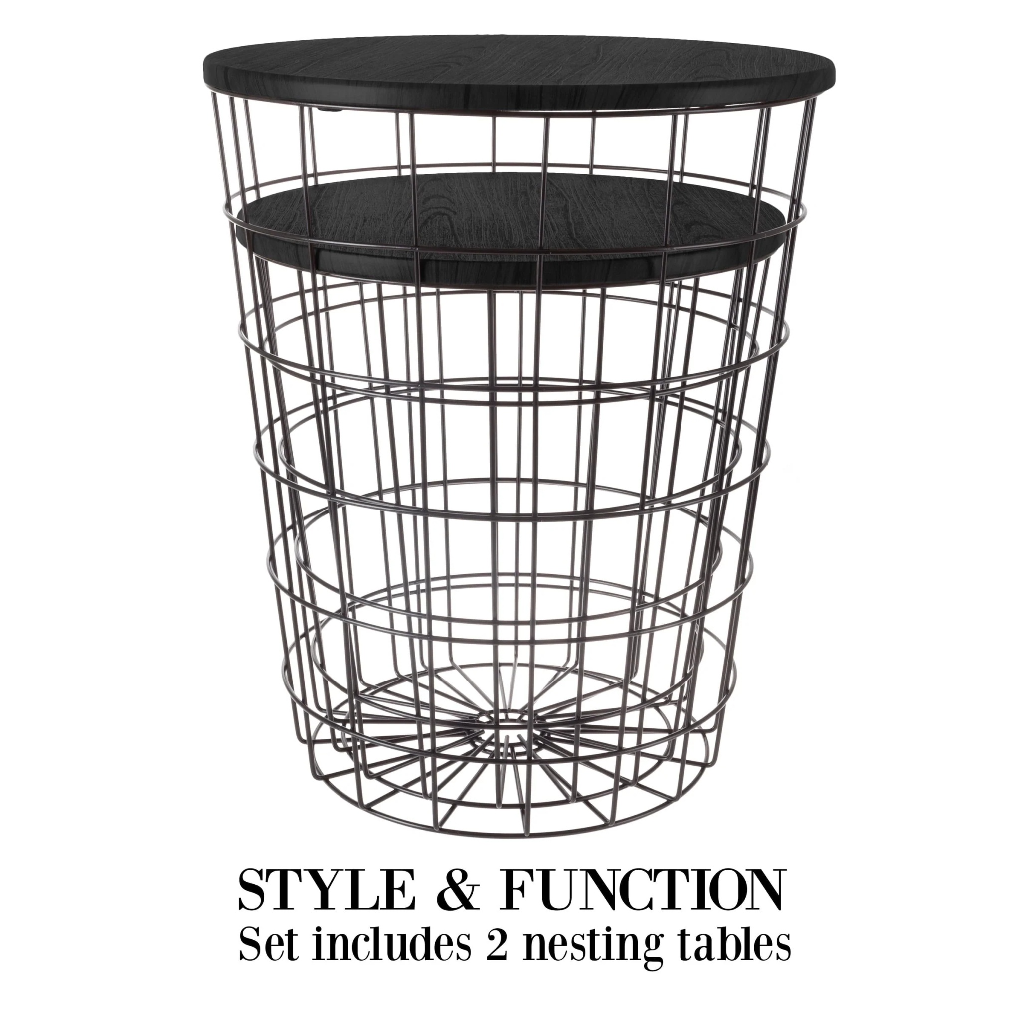 Nesting End Tables with Storage- Set of 2 Round Metal Baskets By Lavish Home (Black) - Image 2