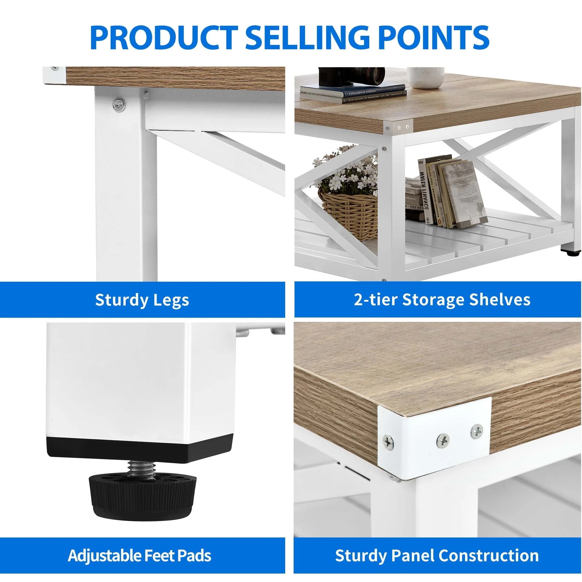 Dextrus Farmhouse Coffee Table Square Wood Center Table End Table with Open Storage Shelf for Living Room, Gray Wash - Image 8