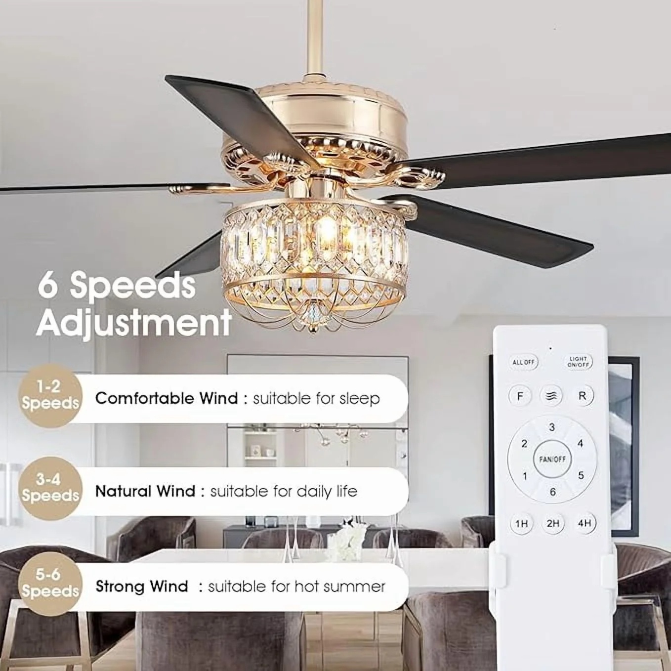 Kviflon 52" Farmhouse Ceiling Fan with Lights & Remote, Crystal Chandelier, Wood Blades, Quiet Motor, 6-Speed, Timer, Modern Lighting for Living Room, Bedroom, Dining Room, Chrome Finish - Image 24