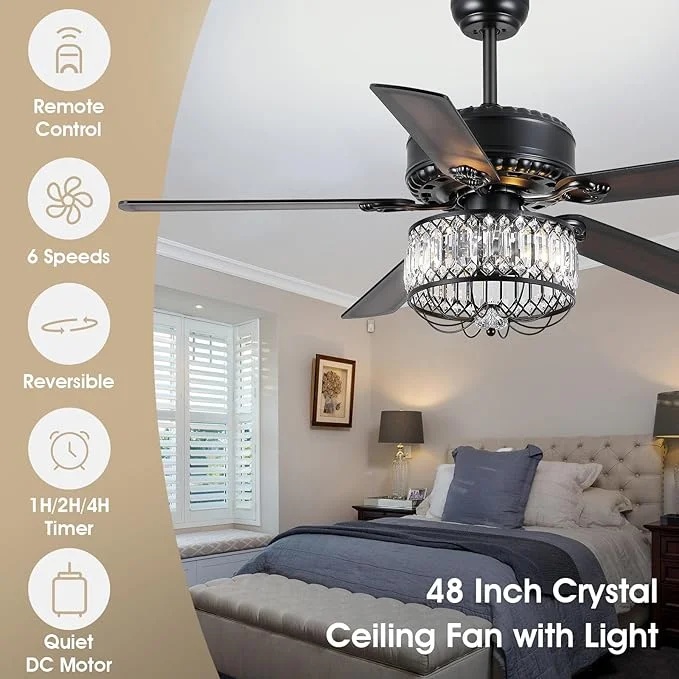 Kviflon 52" Farmhouse Ceiling Fan with Lights & Remote, Crystal Chandelier, Wood Blades, Quiet Motor, 6-Speed, Timer, Modern Lighting for Living Room, Bedroom, Dining Room, Chrome Finish - Image 17