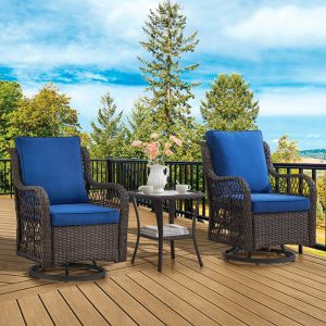 Twister.CK 3 Pieces Patio Furniture Set, Outdoor Swivel Gliders Rocker, Wicker Patio Bistro Set with Rattan Rocking Chair, Glass Top Side Table and Thickened Cushions for Porch Deck Backyard