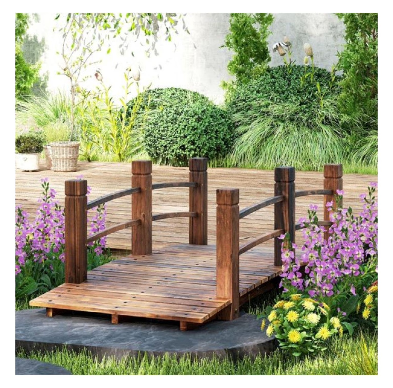 Wooden Garden Bridge Arc Footbridge 5ft - Stained Fir Wood Outdoor Decorative Bridge - Landscape Pathway Bridge with Rails - Garden Pond Bridge