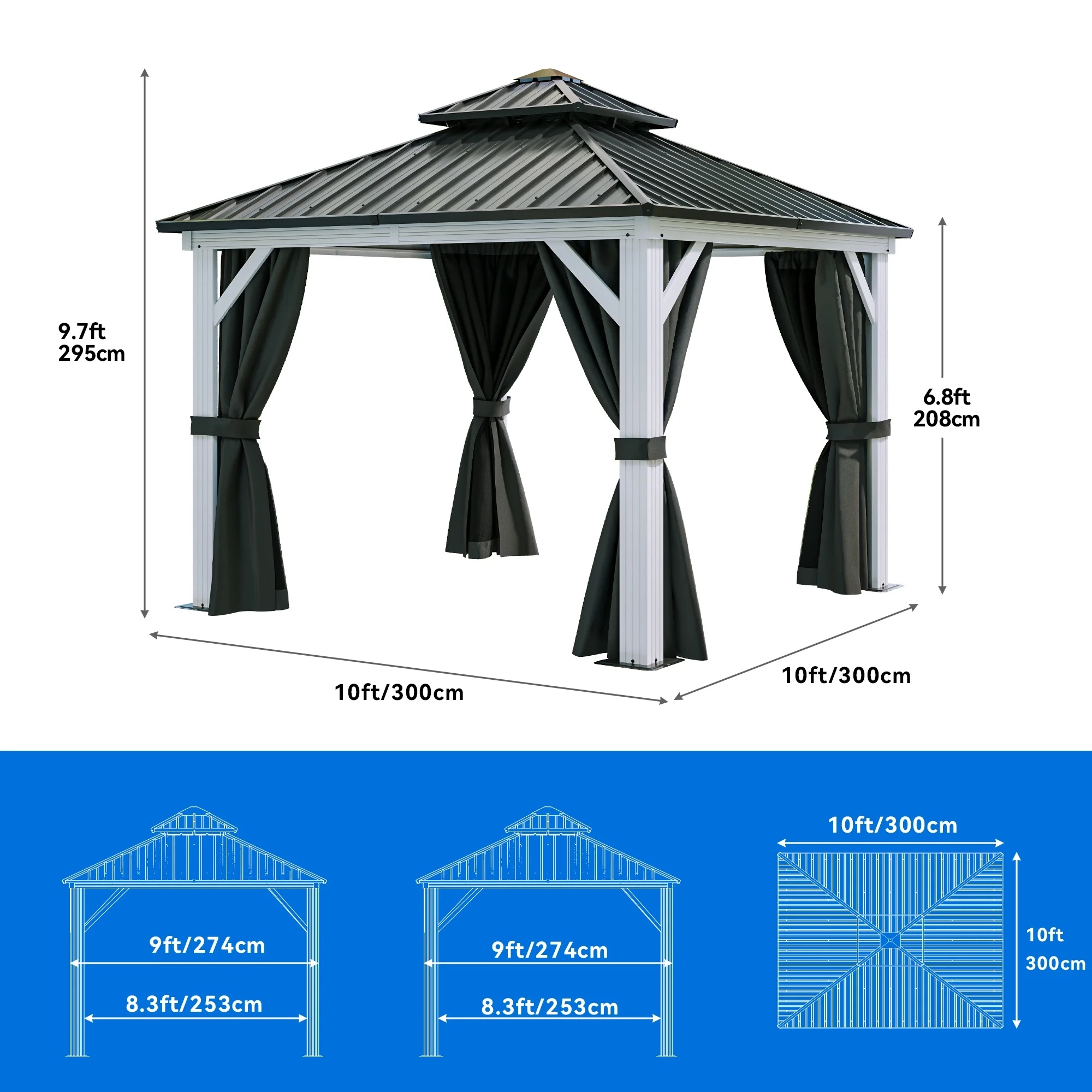 Dextrus 10x12ft Double Roof Hardtop Gazebo with Netting&Curtains, Double Galvanized Iron Aluminum Frame Outdoor White Gazebo,Ideal for Patio, Backyard,Deck and Lawns,Grey Curtain - Image 10