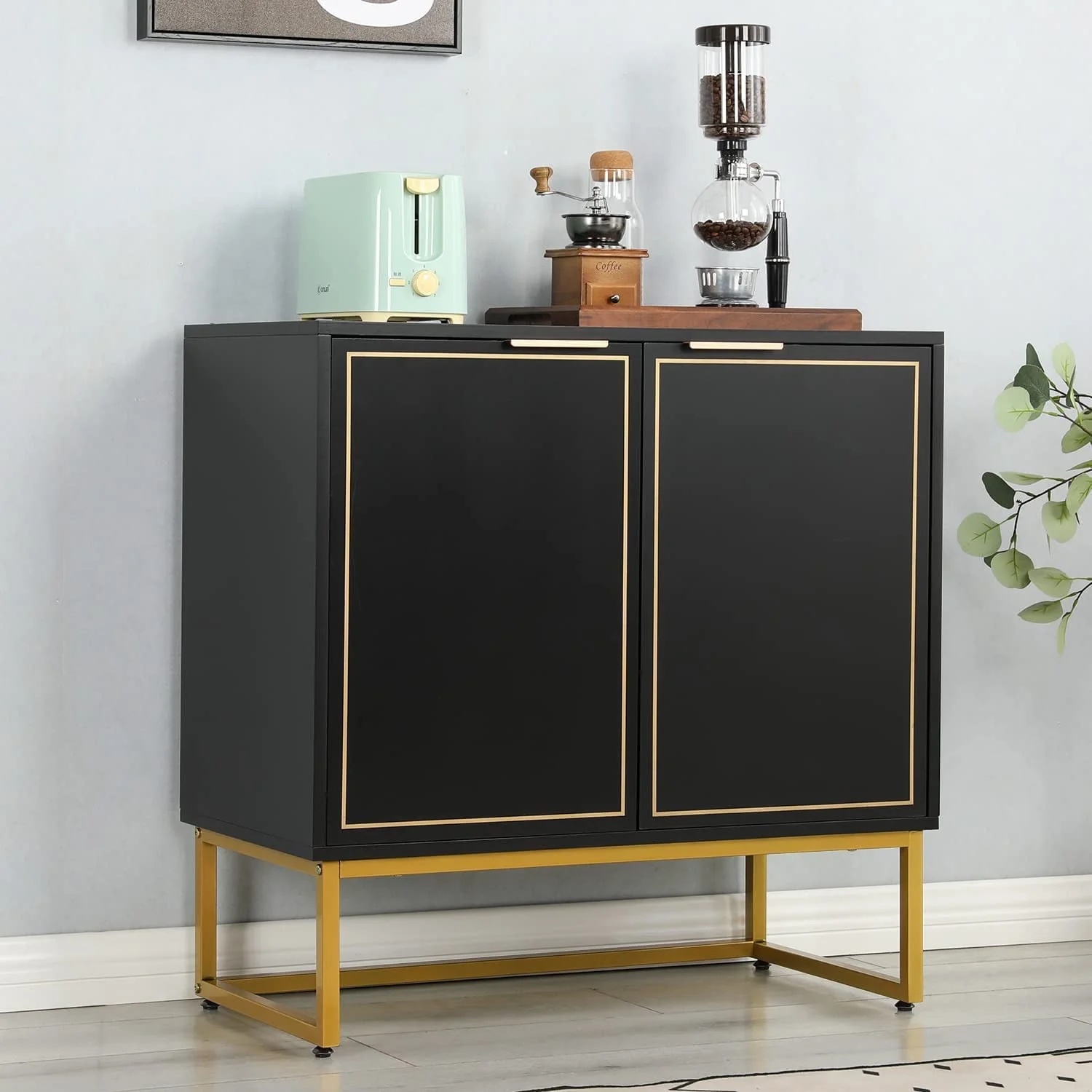 Yoleny 31'' Buffet Cabinet with Storage, Accent Cabinet with 2 Doors, Gold Trim and Golden Legs, Wooden Sideboard with Adjustable Shelf and Feet for Bedroom, Living Room, Kitchen, Hallway, Black - Image 8