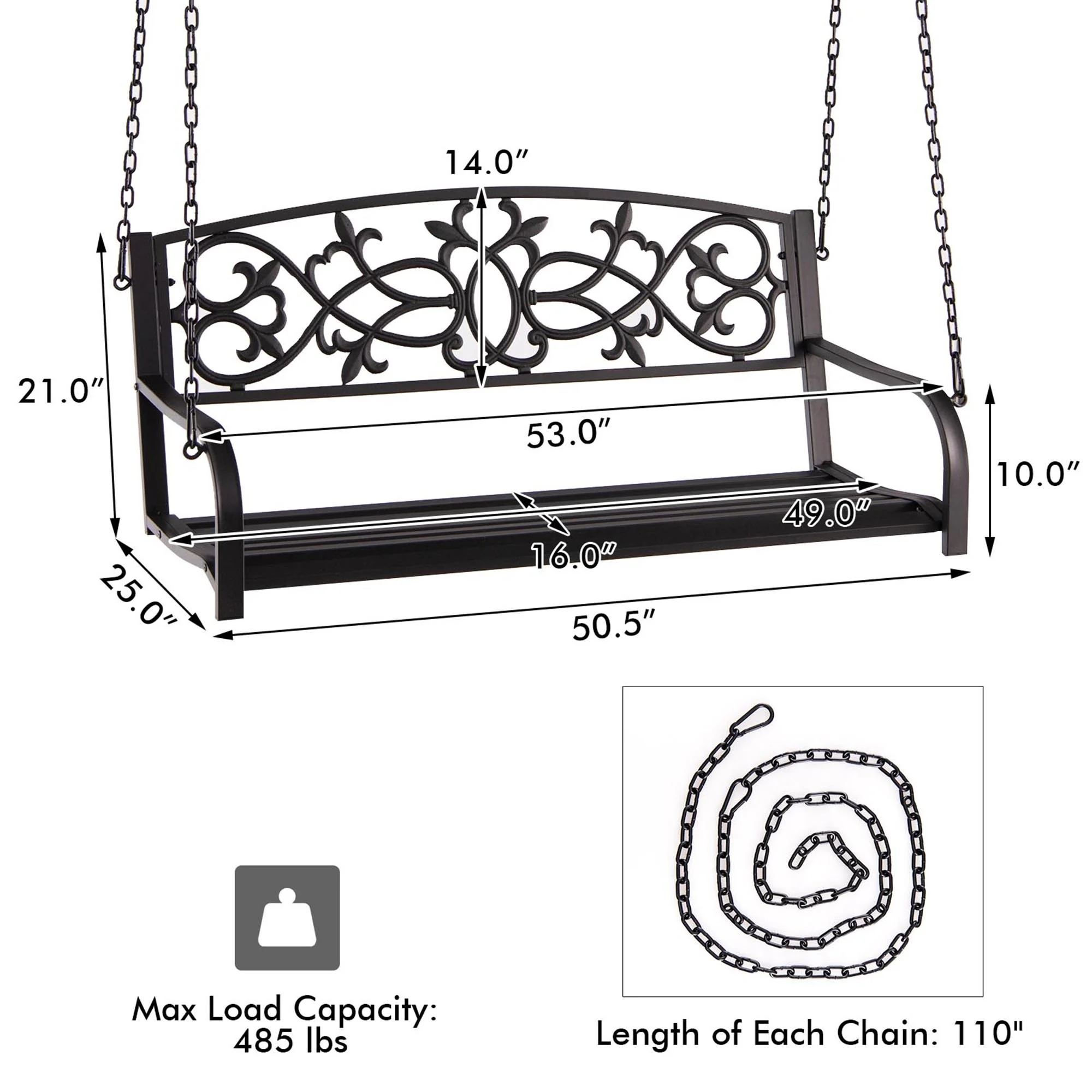 Gymax Patio Hanging Porch Swing 2-Person Outdoor Metal Swing Bench Chair w/ Chains Brown - Image 4