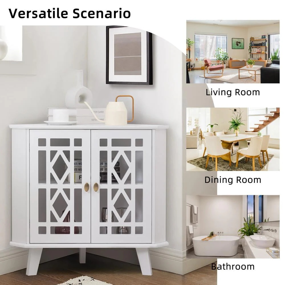 Eclife 32" Corner Sideboard Cabinet Freestanding Space Saving Storage Organizer with 2 Doors and 2-Tier Shelves, White - Image 11