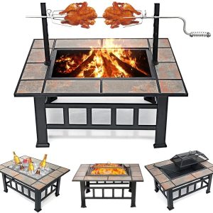 Fire Pits For Outside 37 inch Wood Burning Fire Pit Table With BBQ Grill Cooking Grate Lid Outdoor Fireplace Metal Square Tile Top Firepit Patio Backyard Garden,Black