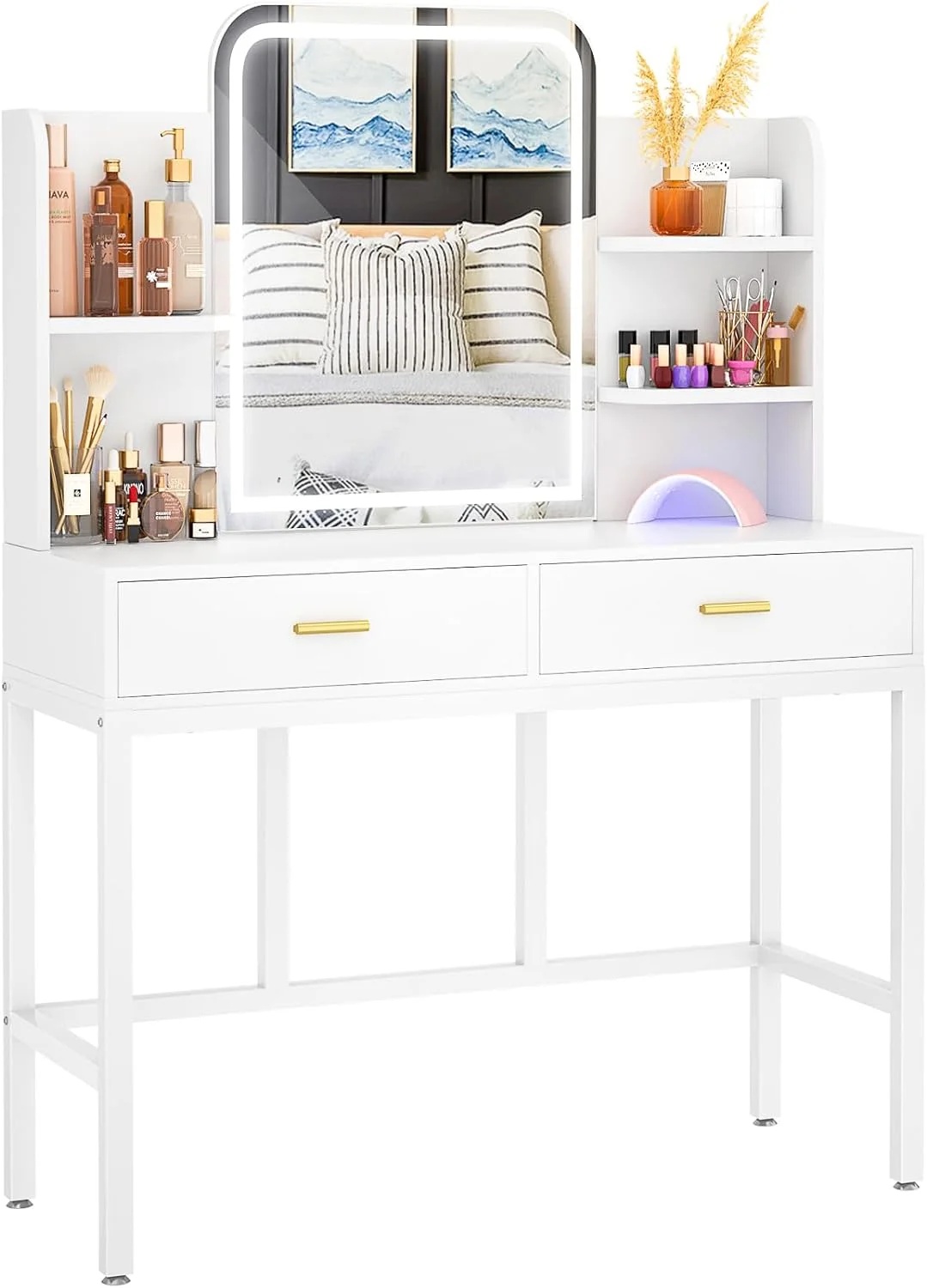 iSunirm Vanity Desk with Mirror and Lights, Makeup Vanity with 2 Drawers, Vanity Table Set with 3 Color Adjustable Lighting Options, Modern Dressing Table with Shelf, for Bedroom, Pink - Image 13