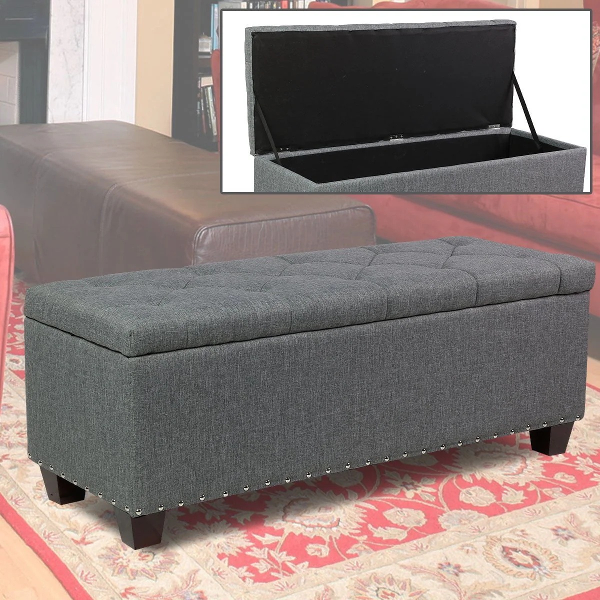 Magshion Rectangular Storage Ottoman Bench Tufted Footrest Lift Top Pouffe Ottoman, Coffee Table, Seat, Foot Rest, and more 42'', Linen Grey - Image 5