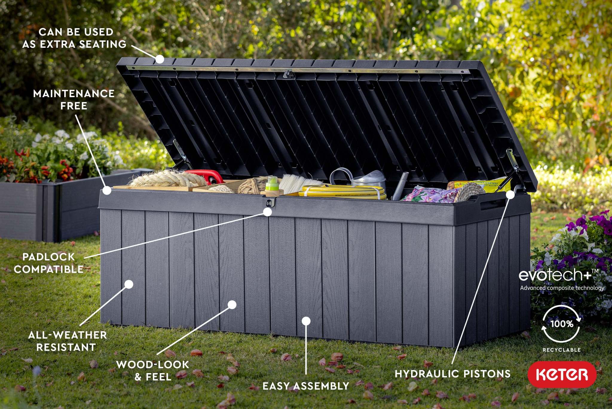 Keter Darwin 100 Gallon Large Resin Deck Box for Patio Outdoor Storage, Grey - Image 6