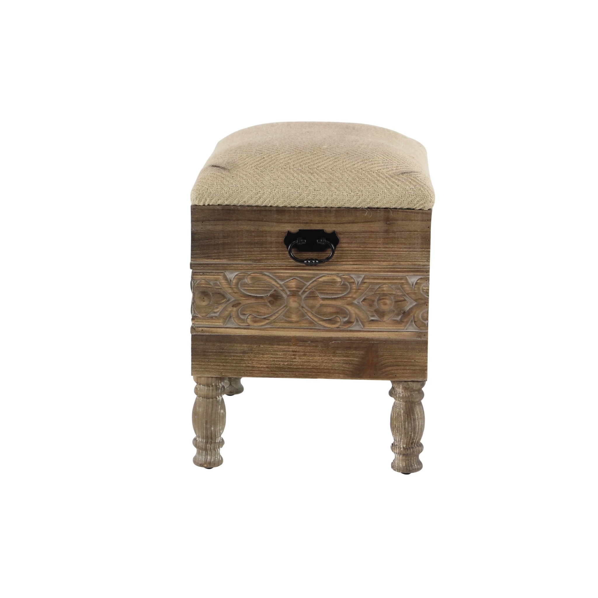 DecMode Wood Floral Intricately Carved Storage Stool with Cream Burlap Top, Beige - Image 8