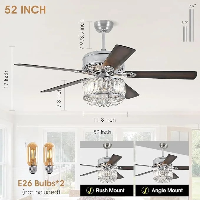 Kviflon 52" Farmhouse Ceiling Fan with Lights & Remote, Crystal Chandelier, Wood Blades, Quiet Motor, 6-Speed, Timer, Modern Lighting for Living Room, Bedroom, Dining Room, Chrome Finish - Image 8