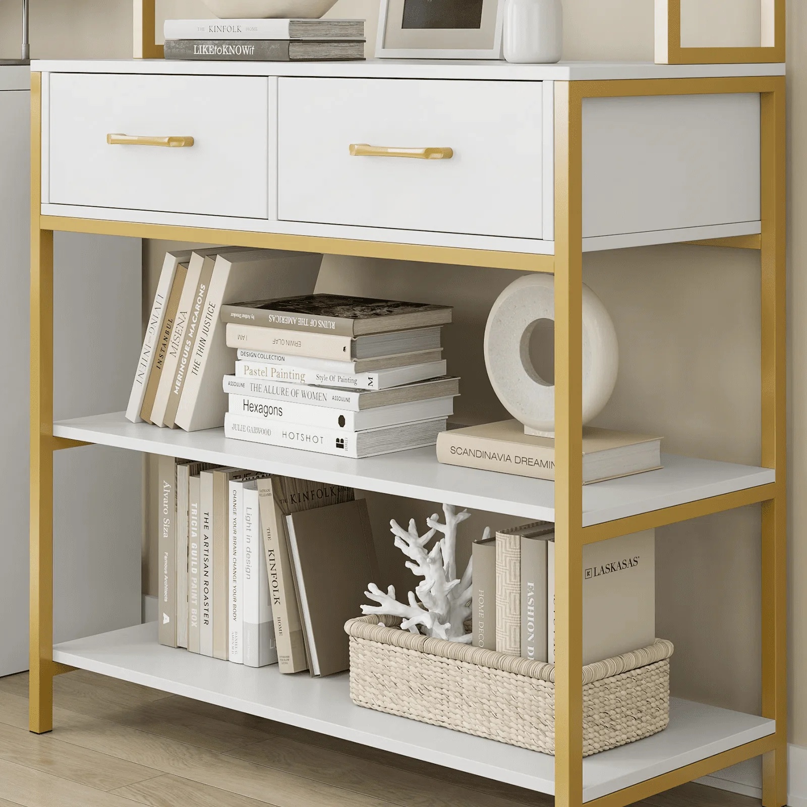 Homfa 2 Drawers Ladder Shelf, 5 Tier Modern Bookcase, Multifunctional Bookshelf Storage Rack, Gold and White - Image 8
