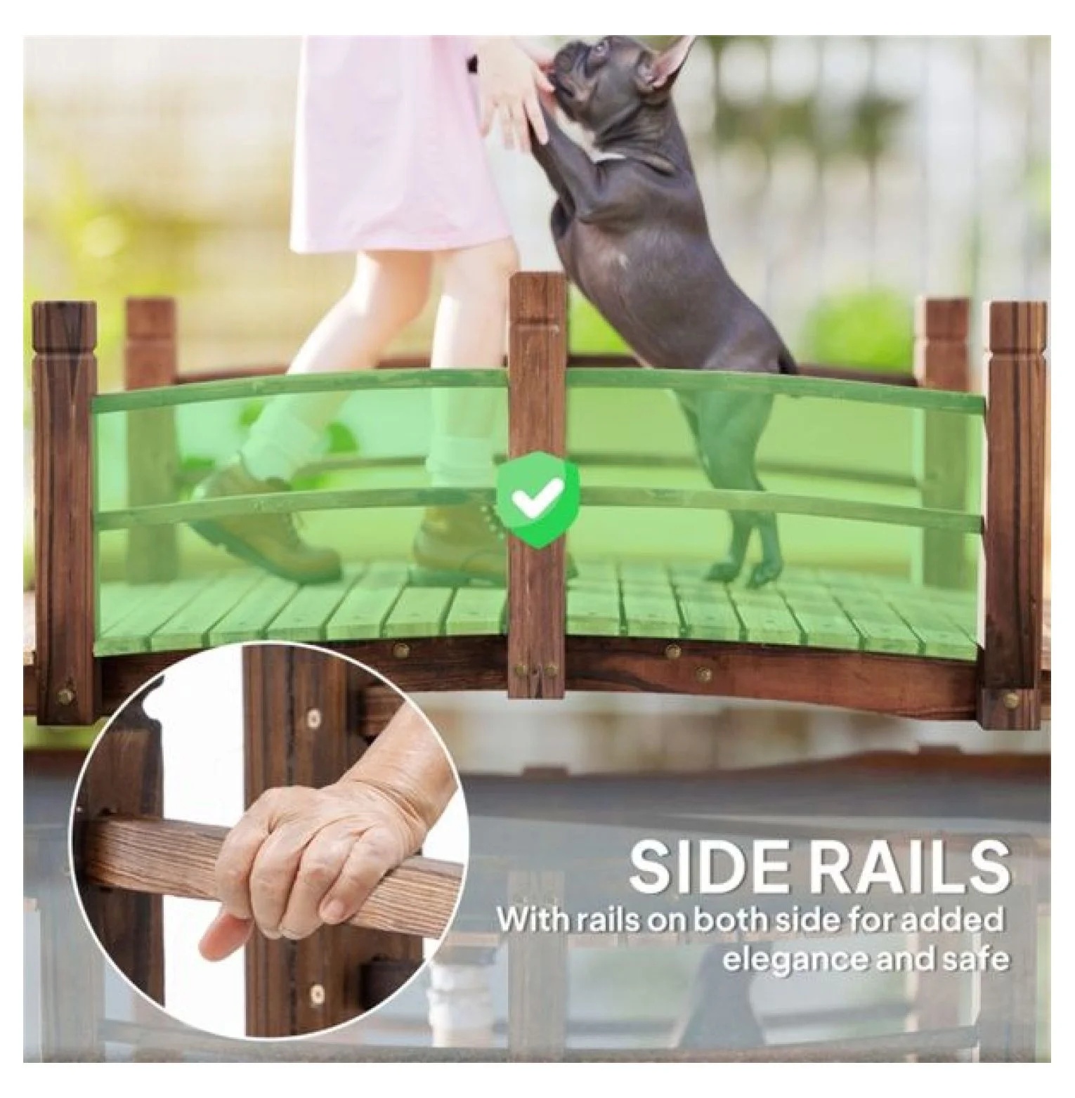 Wooden Garden Bridge Arc Footbridge 5ft - Stained Fir Wood Outdoor Decorative Bridge - Landscape Pathway Bridge with Rails - Garden Pond Bridge - Image 4
