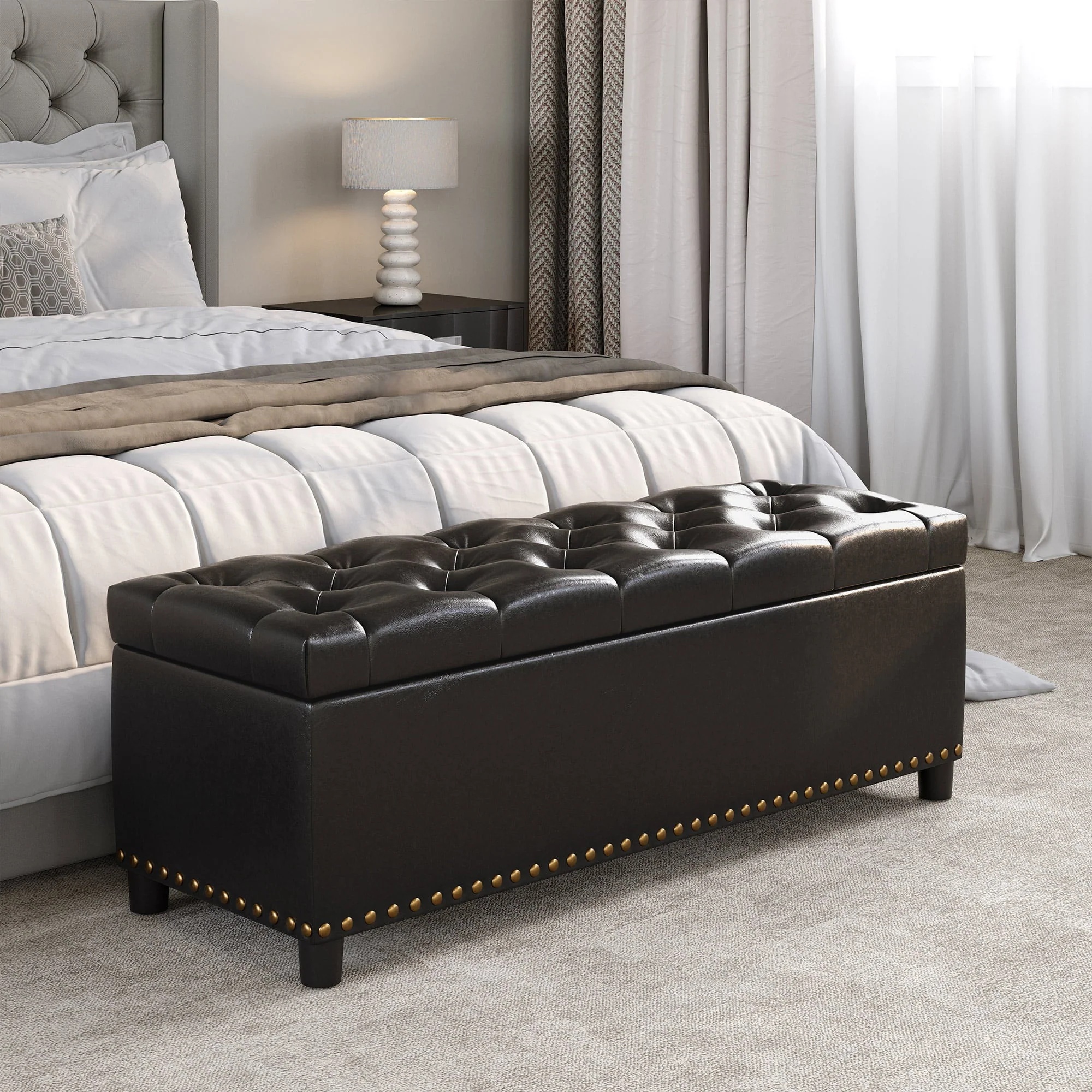 BELLEZE Button-Tufted Storage Ottoman Bench - Brentwood (Dark Brown) - Image 5