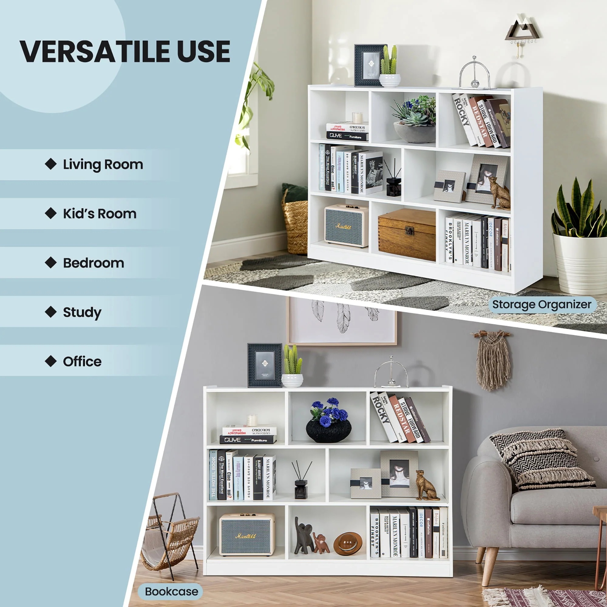 Costway 3-tier Open Bookcase 8-Cube Floor Standing Storage Shelves Display Cabinet White - Image 7