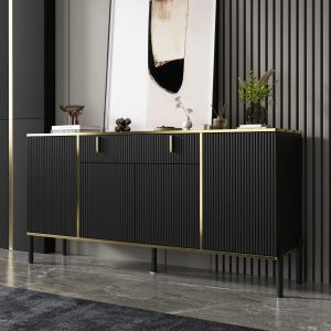 FUFU&GAGA Modern 4 Doors Buffet Cabinet with Storage Drawer, Accent Table Sideboard Furniture with Pop-up Door for Living Room Kitchen Dining Entryway Hallway, Black