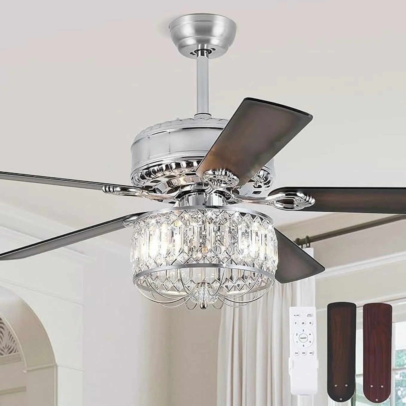 Kviflon 52" Farmhouse Ceiling Fan with Lights & Remote, Crystal Chandelier, Wood Blades, Quiet Motor, 6-Speed, Timer, Modern Lighting for Living Room, Bedroom, Dining Room, Chrome Finish - Image 13