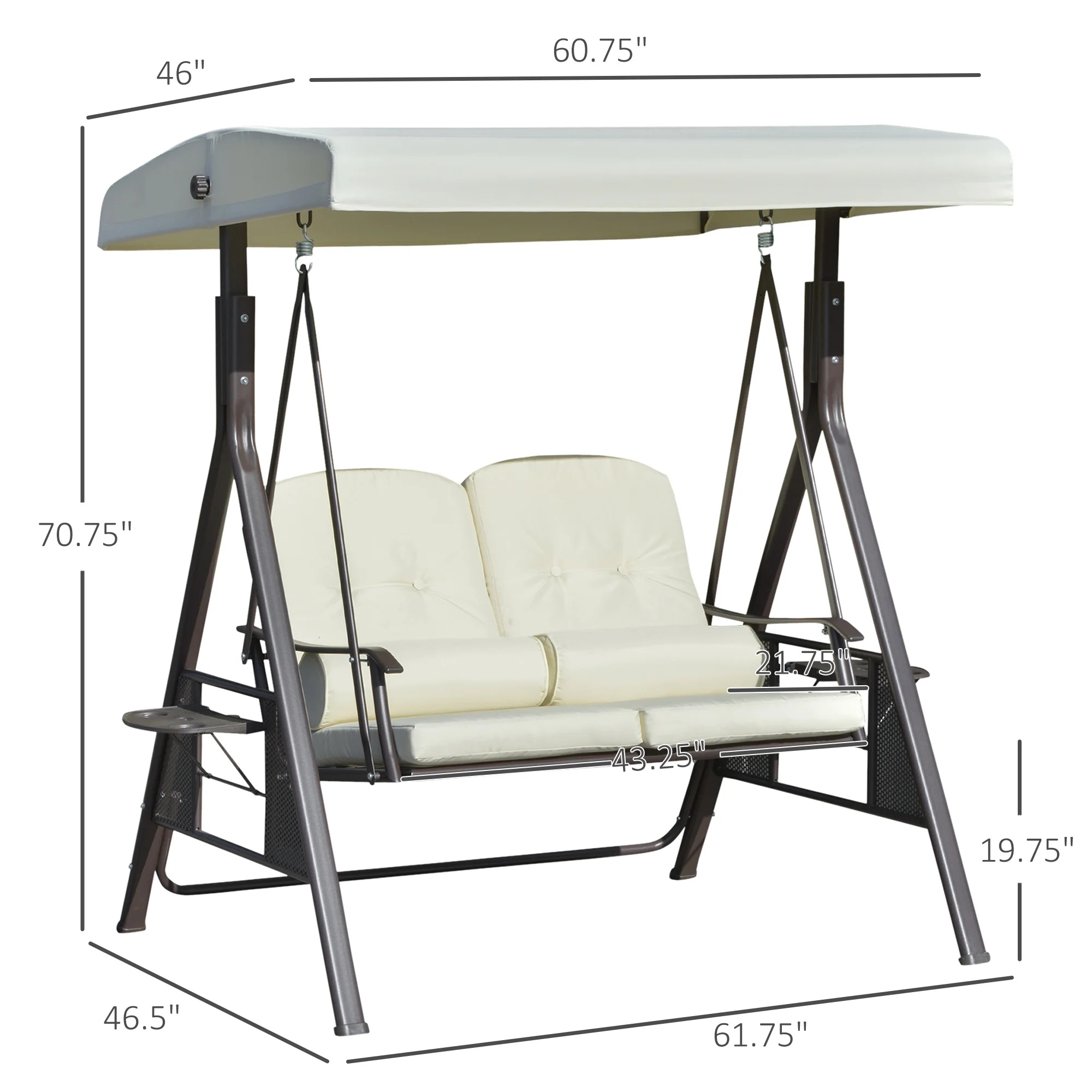 Outsunny 2-Person Patio Swing Bench with Adjustable Shade Canopy, Soft Cushions, Throw Pillows and Tray, Beige. - Image 8