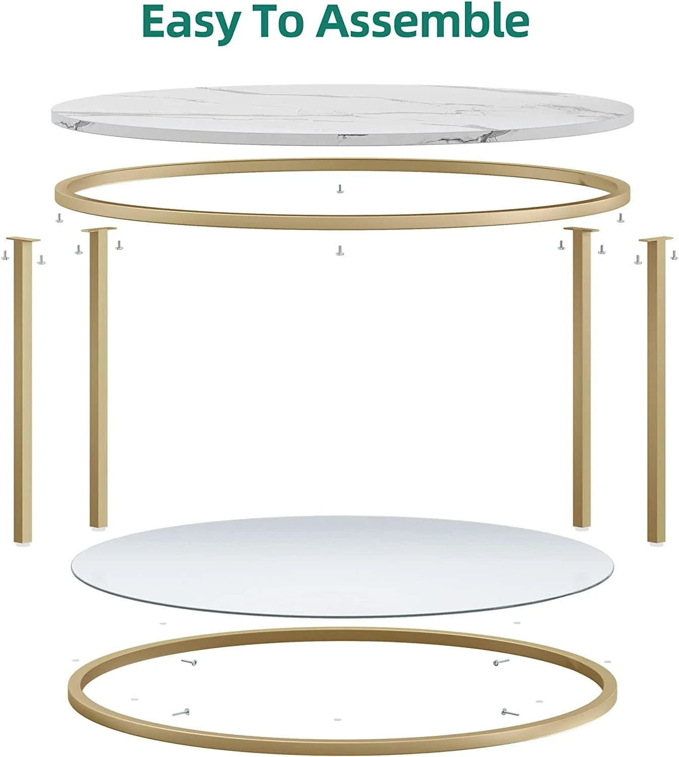 DEXTRUS 2-Tier Round Coffee Table Marble Center Cocktail Table with Glass Open Storage Shelf, White & Gold - Image 7