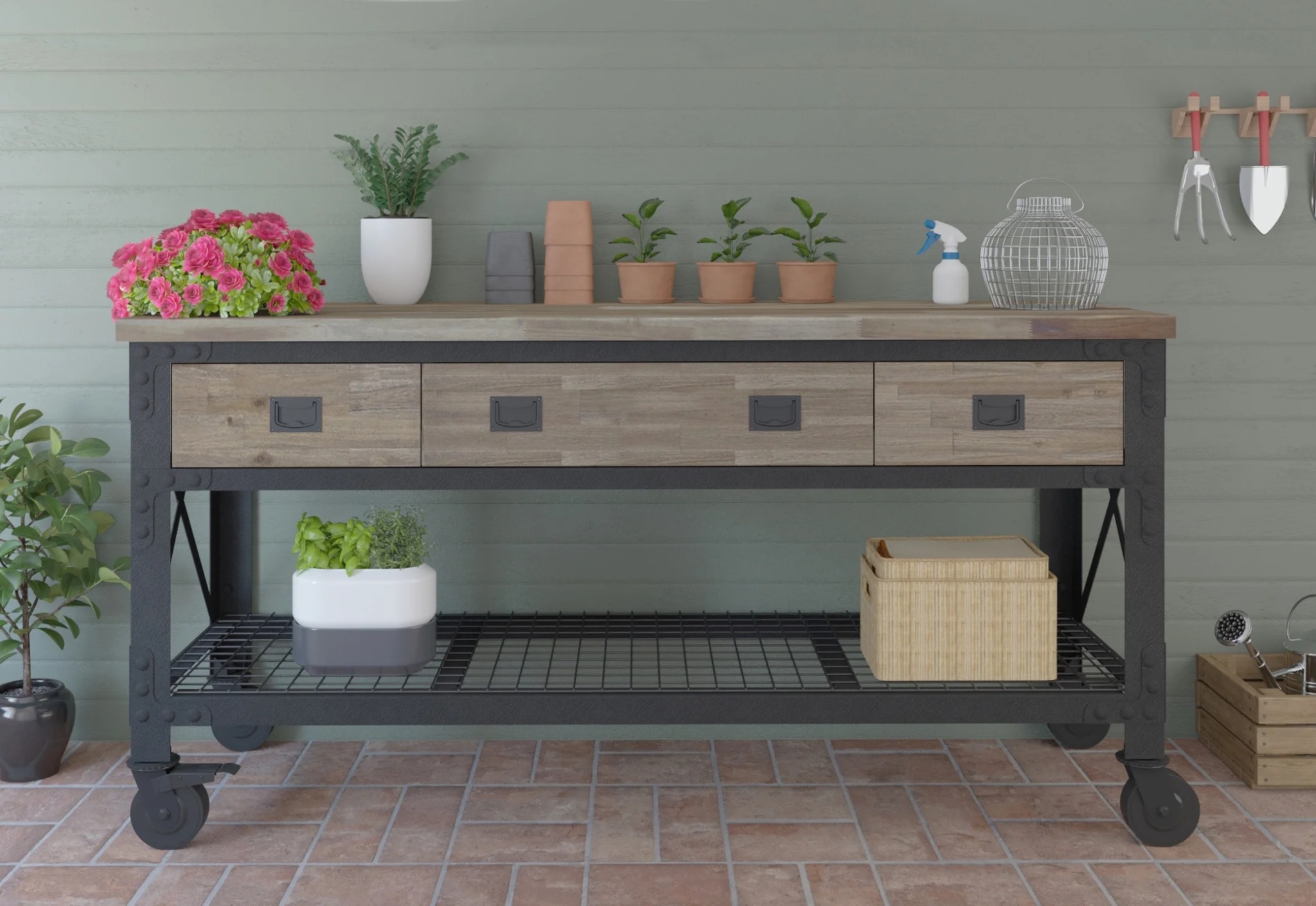 72 In x 24 In. 3 Drawer Rolling Industrial Workbench with Wood Top - Aged Macadamia - Image 7