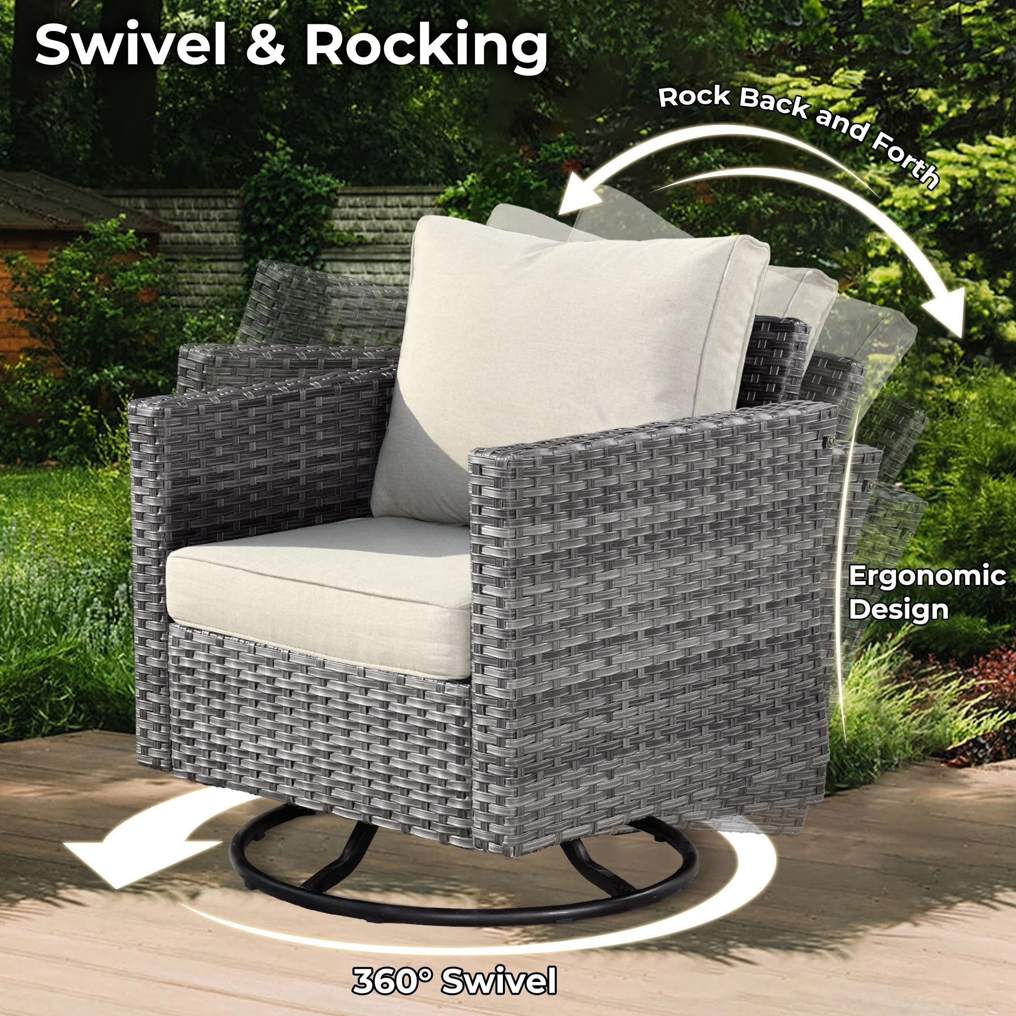 Ovios 11 Pieces Patio Fire Pit Set Outdoor Wicker Sectional Sofa Conversation Set with Swivel Rocking Chairs and Side Table,Dark Gray - Image 26